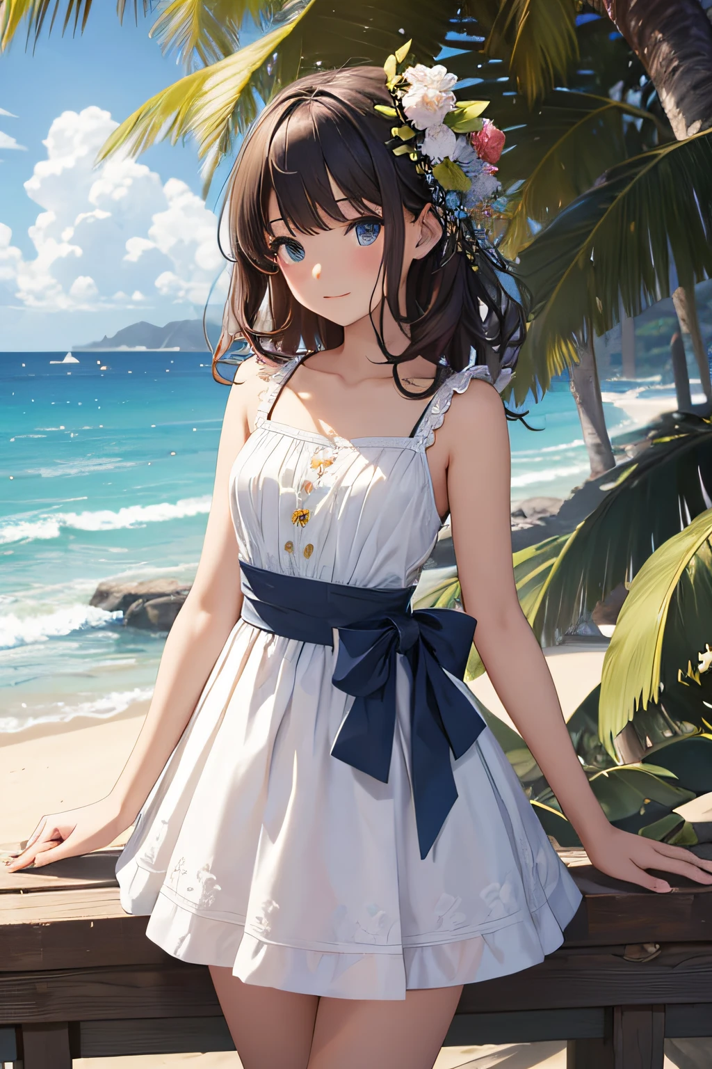 (masterpiece:1.2), best quality,cozy anime,
very cute and beautiful girl standing near window,(floral blue summer dress with detailed frills),sleeveless,detailed lace,(skirt lift,white panties), (highly detailed beautiful face),beach,wooden floating cottage, cowboy shot,(smile),blush,looking at viewer,medium hair,black hair,updo hair, (best quality,masterpiece:1.2),absurdres,highres,ultra-detailed,extremely detailed,32k,8k resolution, intricate details,cinematic scene,detailed background,solo,dynamic angle, natural lighting,light particles,beautiful detailed sky,perfect hands,