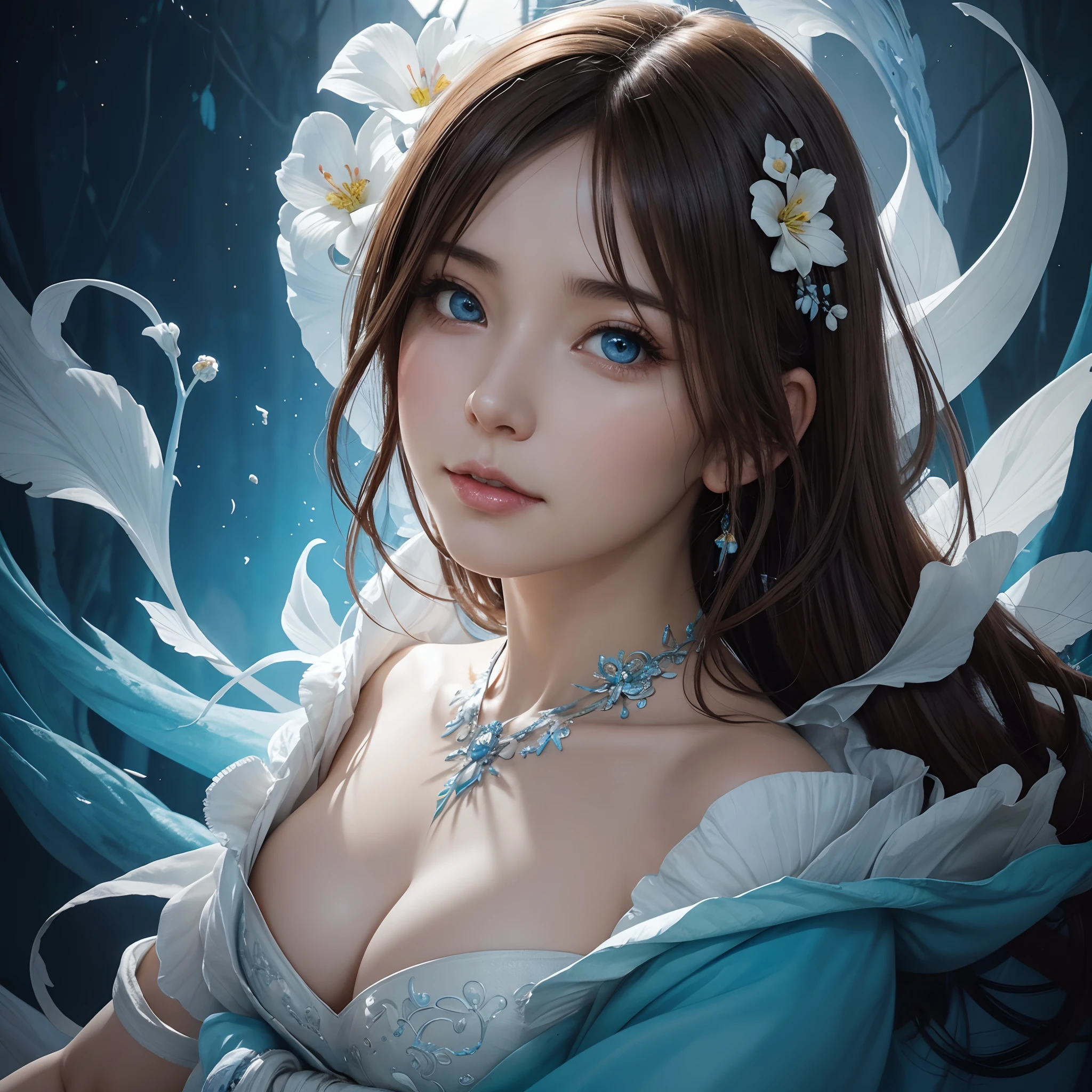 hightquality、8K Ultra HD、fullllbody、1 16-year-old female、Gentle smile、Rich facial expressions、beauty legs、robe blanche、light brown hair、Blue eyes、(In the background there is a lovely healing forest and wildflowers々Is)、angelic light、cute little、Beautiful fece、portlate、art by:Alberto Seveso、Abstract art style、Complex and intricate watercolor painting 、digitial painting、concept-art、Volumetric lighting、TanvirTamim、metal reflective、2d render、8K。 by artgerm、Trending on ArtStation
