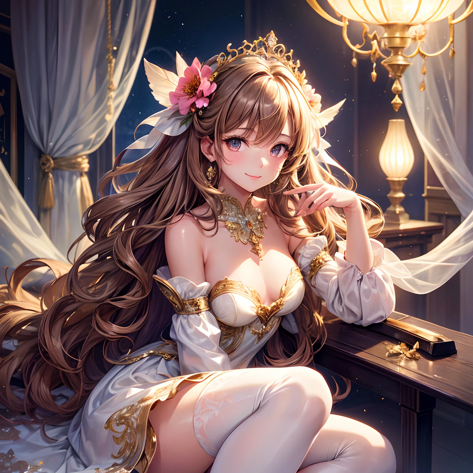 extremely delicate and beautiful girl, contour deepening beautiful detailed glow, High resolution illustration, perfect detail, Whole body, Girls Front, focus on girl, Sitting, beautiful detailed fullbody, Perfect female body, 1 girl, Young girls, long light wavy hair, Curly hair, Air bangs, Beautiful and detailed rune tails, Hair intake, light brown hair, Beautiful face, Seductive smile, complex details beautiful and delicate eyes, normal hands, (tiny chest), zettai ryouiki, Light brown eyes, Beautiful accessories, Highly detailed gorgeous tiara, earrings, Beautifully gorgeous necklace, The tips of the feathers of the flower, Crystal Poppy, beautiful detailed dress, knee boots, Jewelry Decoration, dreamcore, It is strewn with a lot of bright petals, Beautiful detailed glow, butterflys flying around, Wallpaper 8k CG, hyper quality, absurderes,