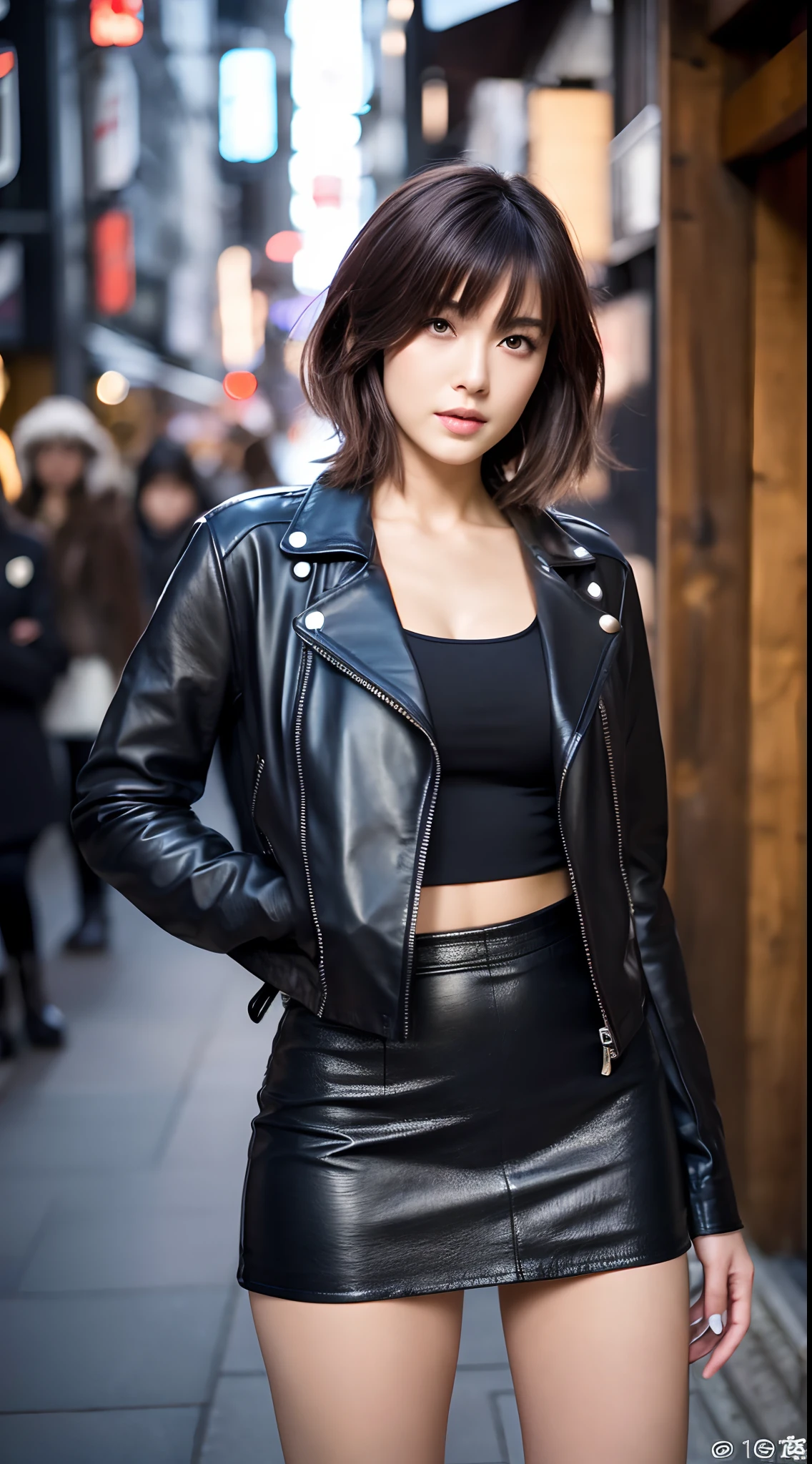 Best Quality, 8k, 32k, Masterpiece,Attractive Japan Woman Pictures, One Girl, (full body : 1.0), Abs, Perfect Body, (leather jacket:1.1), (leather miniskirt:1.1),(long boots:1.1),Ultra Detailed Face, Detailed Lips, Fine Eyes, Double Eyelids,short hair,Disheveled Hair,armpits,sitting on a bed,,spread legs,sexy pose,