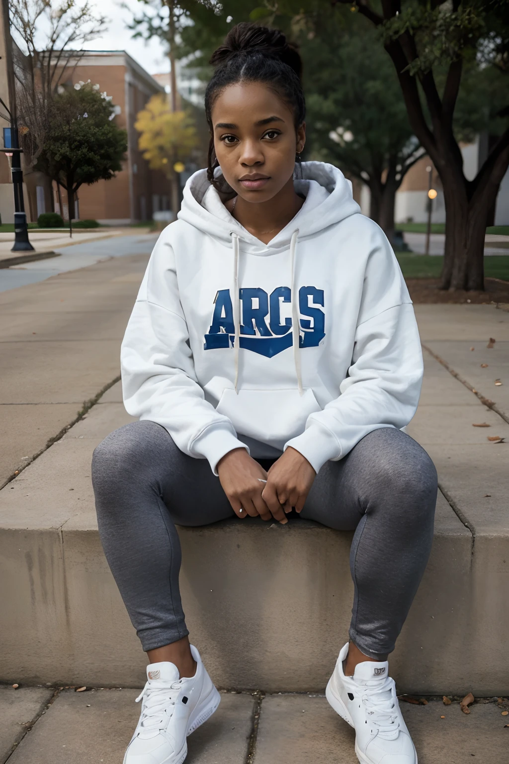 8k, highest quality, ultra details, African-American, young female, laid-back American vibe, oversized hoodie, leggings, sneakers, sitting on a college campus, studying.