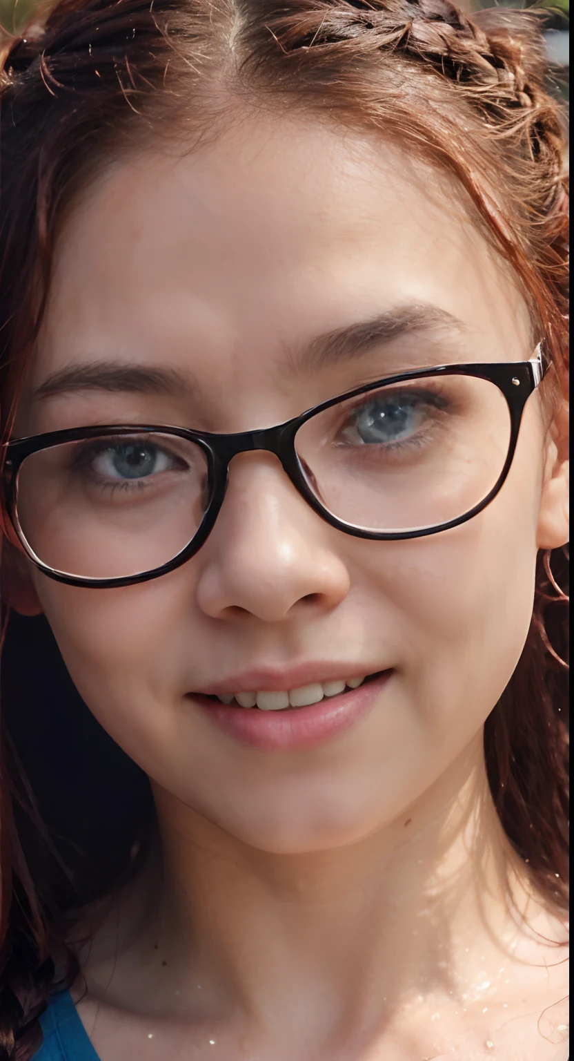 Dramatic lighting, deep shadows, natural colours, extreme close up portrait, head only, young asian girl, braided red hair, wet skin, sweaty skin, dribbles of sweat on face, detailed blue eyes, glasses, smiling, laughing mouth wide open, gasping, shouting, cheers out, face, morning