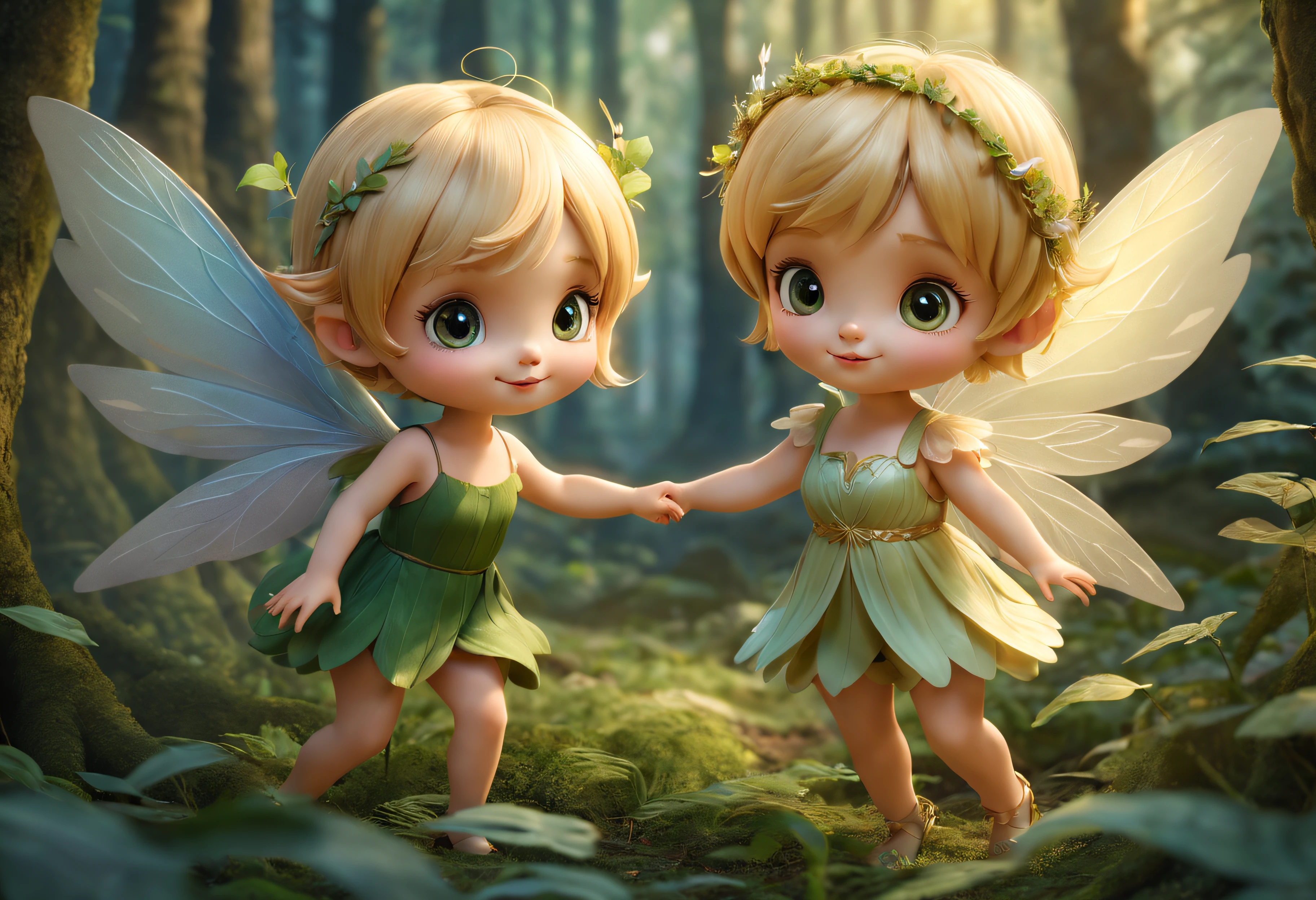 Cute Fairy、3A little fairy of a person is playing in the forest、You can see a girl and a boy、They have angel wings and can also fly、Short golden hair and cute round eyes、A slight smil、Perfect litthing、high-detail、high-level image quality、High color rendering、hight resolution、A hyper-realistic、photo realistic