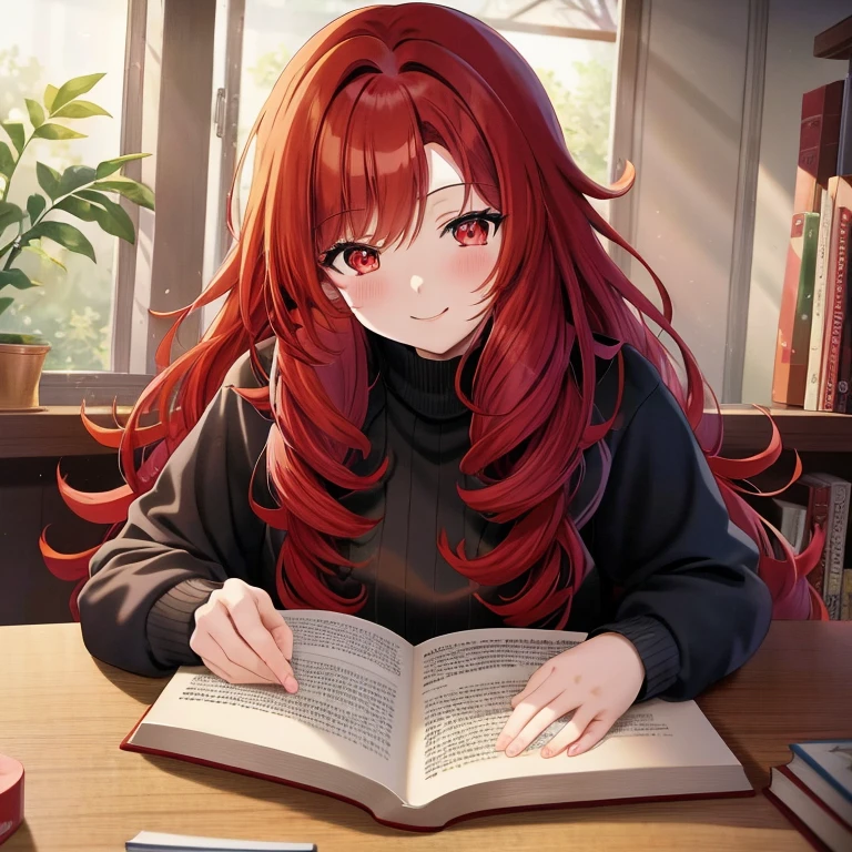Red-haired anime girl reading a book in her room, marin kitagawa fanart, with curly red hair, guweiz on pixiv artstation, Beautiful Anime Portrait, Cunning smile, Anime Girl with Long Hair, detailed anime art, Anime visuals of cute girls, rpg book portrait, Detailed Digital Anime Art, old artbook