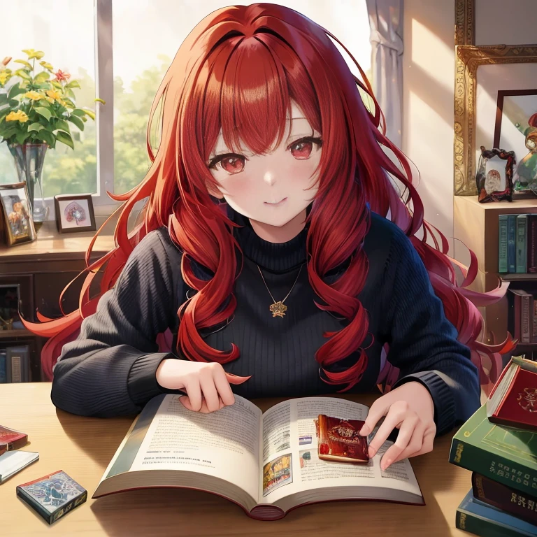 Red-haired anime girl reading a book in her room, marin kitagawa fanart, with curly red hair, guweiz on pixiv artstation, Beautiful Anime Portrait, Cunning smile, Anime Girl with Long Hair, detailed anime art, Anime visuals of cute girls, rpg book portrait, Detailed Digital Anime Art, old artbook