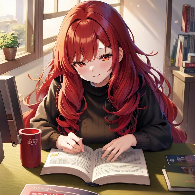 Red-haired anime girl reading a book in her room, marin kitagawa fanart, with curly red hair, guweiz on pixiv artstation, Beautiful Anime Portrait, Cunning smile, Anime Girl with Long Hair, detailed anime art, Anime visuals of cute girls, rpg book portrait, Detailed Digital Anime Art, old artbook