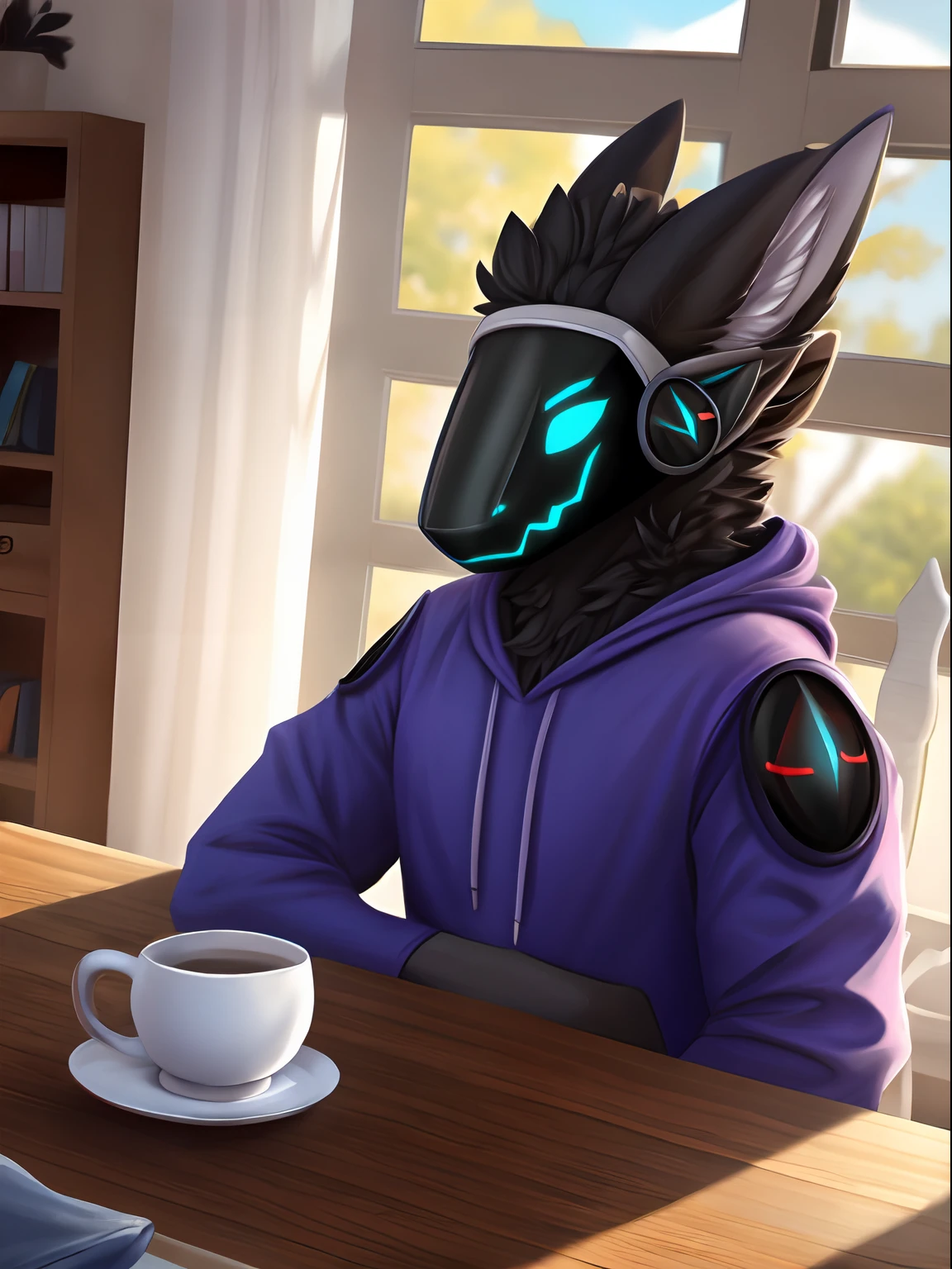 Protogens, Masculine,.Wear a comfortable hoodie., Red protogen visor, Black feathers, Black feathers, A cup of tea on the table., Sitting in the dining room, comfortable,  4k 