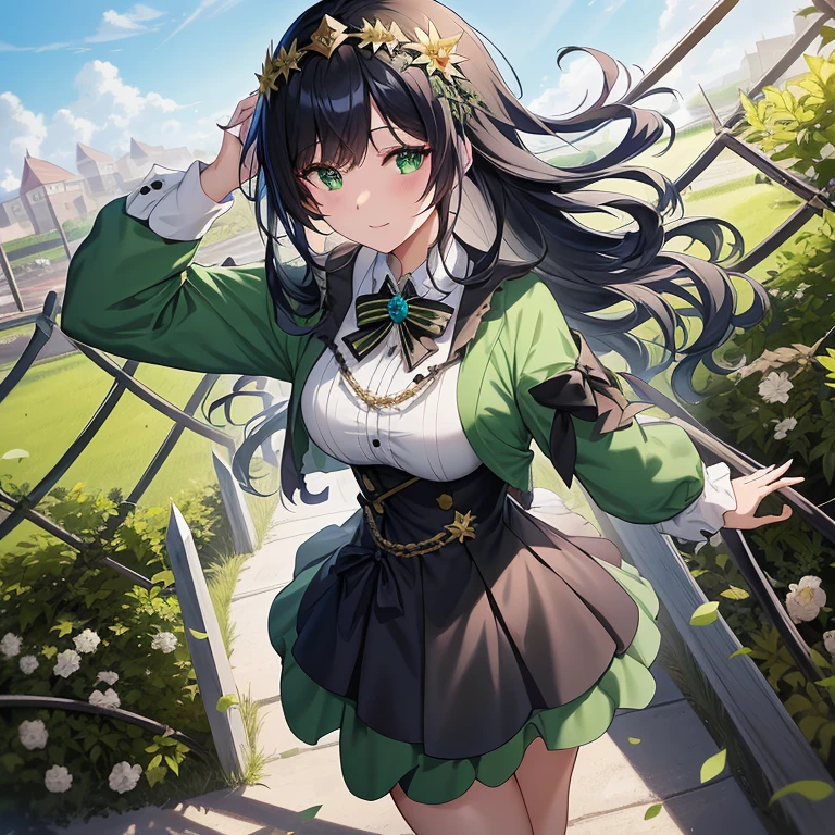 An anime girl with long black hair and a green dress is standing in front of the fence, marin kitagawa fanart, Anime visuals of cute girls, anime moe art style, guweiz on pixiv artstation, high detailed official artwork, Cute anime waifu in a nice dress, guweiz on artstation pixiv, by Kamagurka, noire, Official art