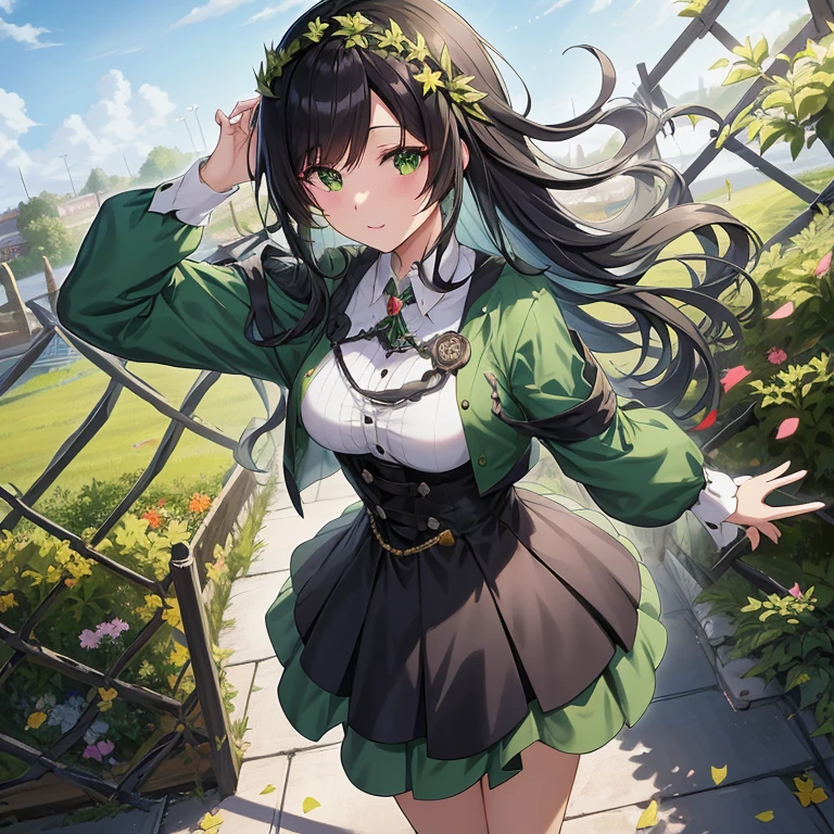 An anime girl with long black hair and a green dress is standing in front of the fence, marin kitagawa fanart, Anime visuals of cute girls, anime moe art style, guweiz on pixiv artstation, high detailed official artwork, Cute anime waifu in a nice dress, guweiz on artstation pixiv, by Kamagurka, noire, Official art