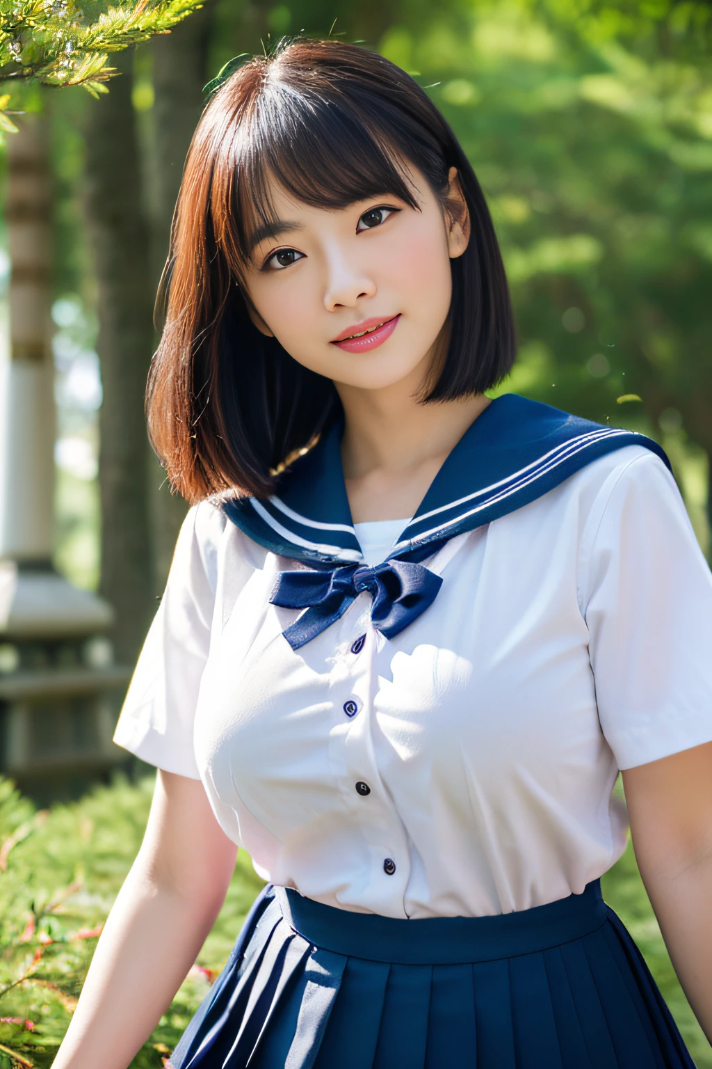 (((masterpiece))), (((Full body photo)))， (Beautiful Japanese Girl, Classmate, Landscape and innocence，cute) ，Ultra-high resolution, Realistic, Ultra-detailed, 8K,Highest quality, Very detailed, Detailed Background,Slender,とてもBeautiful Japanese Girl, Detailed face:1.3), (Very Short Hair，cute髪飾り，Black-haired :1.4), (，cute系,Adorable 14 year oPerfect body:1.1),  (A proper sailor uniform，Dark blue mini skirt、Dark blue high socks、loafers), On the grass in the park，Asking for a smile,show me your beautiful teeth,((Focus on the crotch，Her skirt is rolled up、Panties are visible，The underwear is transparent))，Recall、Sexy pose，Rosy Cheeks，非常にDetailed face、Detailed lips、Detailed eyes、 gravure idol，Clear Skin、Lolita，Japanese Height ，shade，Under the big tree，Realistic:1.37，No makeup，Neutral lighting，((Backward view))、Make your butt bigger、Looking up from the ground