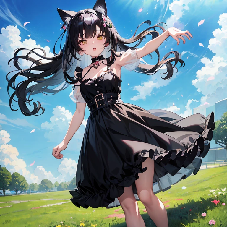 Anime girl in black dress with long hair and cat ears, Very Beautiful Anime Cat Girl, Anime girl with cat ears, anime moe art style, Anime visuals of cute girls, the anime girl is running, beautiful anime catgirl, loli in dress, anime girl wearing a black dress, Official art, Rin, official artwork, Smooth Anime CG Art