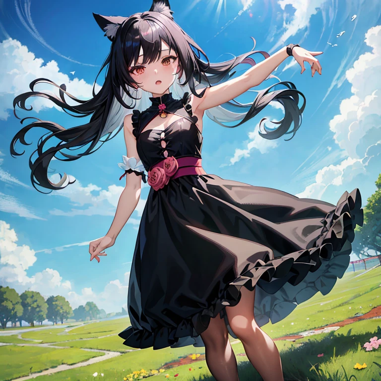 Anime girl in black dress with long hair and cat ears, Very Beautiful Anime Cat Girl, Anime girl with cat ears, anime moe art style, Anime visuals of cute girls, the anime girl is running, beautiful anime catgirl, loli in dress, anime girl wearing a black dress, Official art, Rin, official artwork, Smooth Anime CG Art