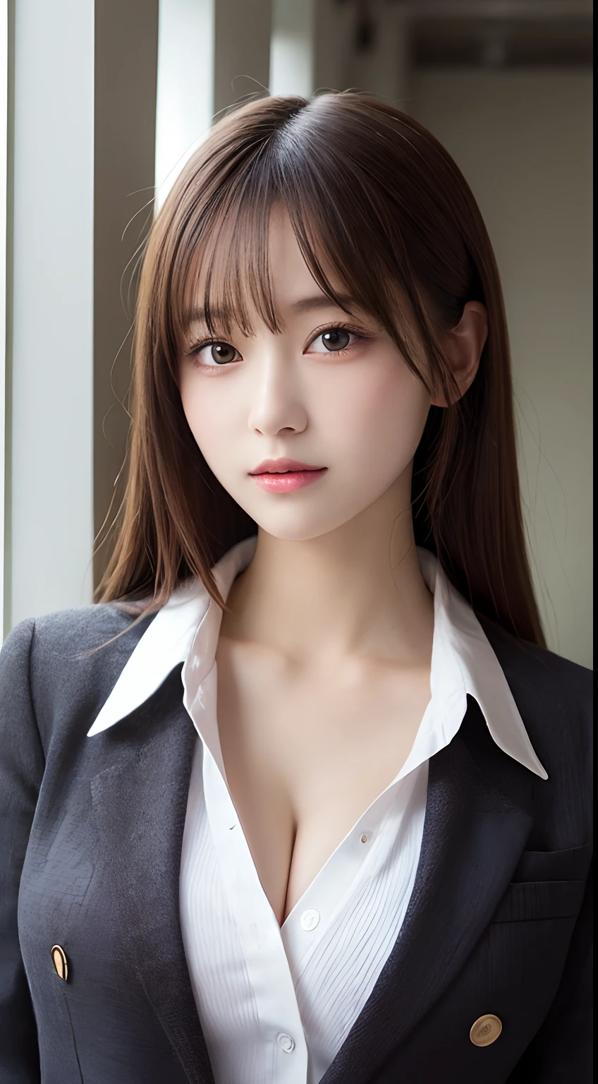 masutepiece, Best Quality, Illustration, Ultra-detailed, finely detail, hight resolution, 8K Wallpaper, Perfect dynamic composition, Beautiful detailed eyes, Natural Lip,Blazer ,School uniform, cleavage, Full body