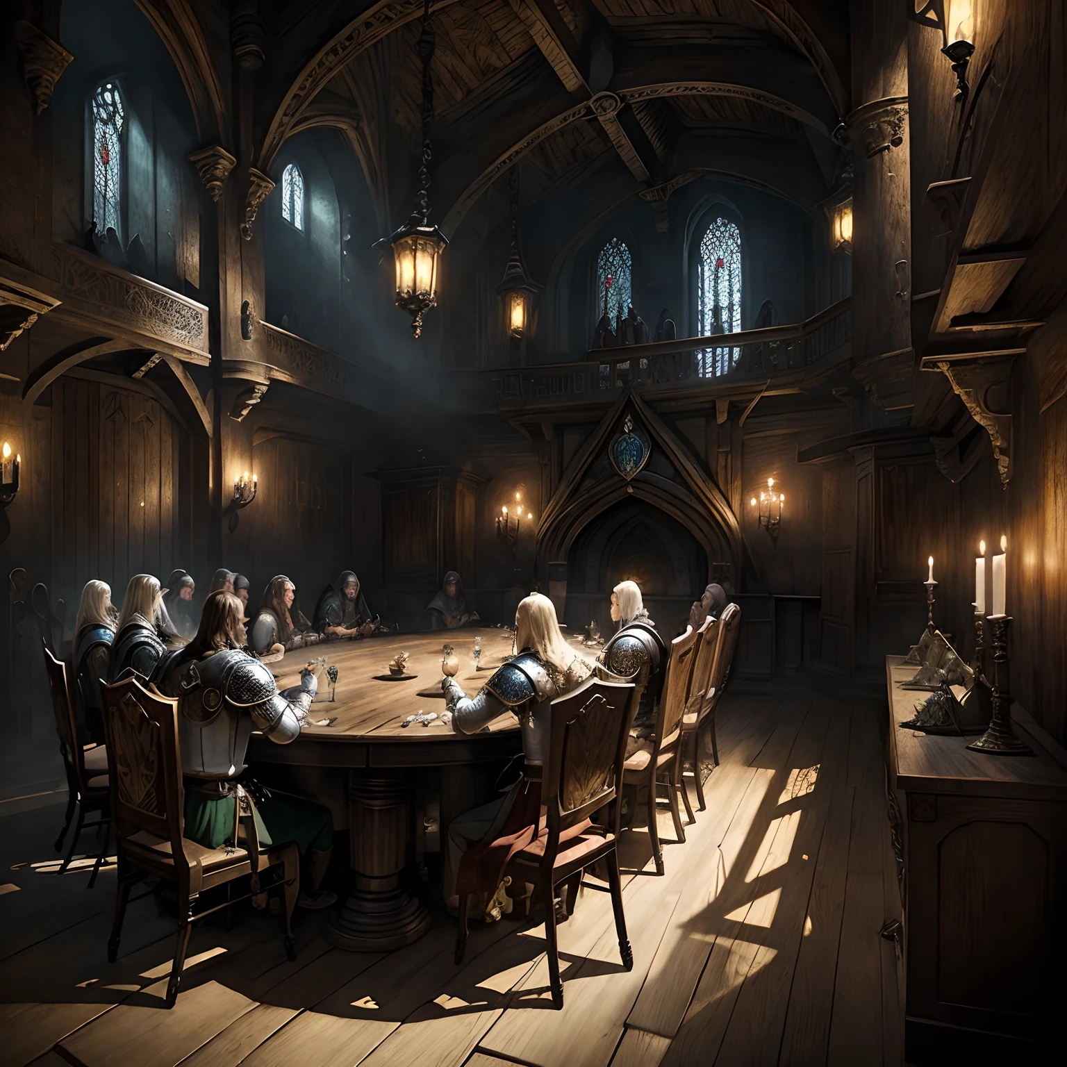 (masterpiece)、(Drawn down to the smallest detail)、(fantasy illustrations)、dark themed、(Medieval England)、(Knights of the Round Table)、(discussion)、(12 people and 13 chairs)、s Armor、(Gorgeous interior)