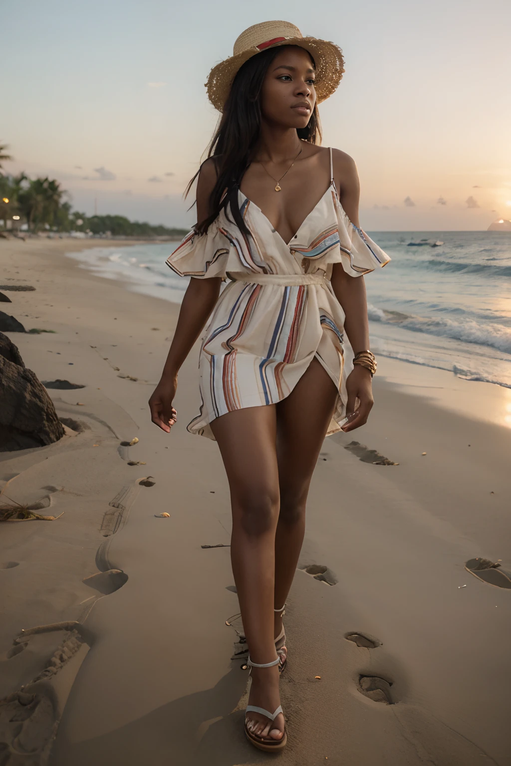 8k, highest quality, ultra details, African-American, young female, everyday American style, striped dress, straw hat, sandals, walking along a beach, sunset.