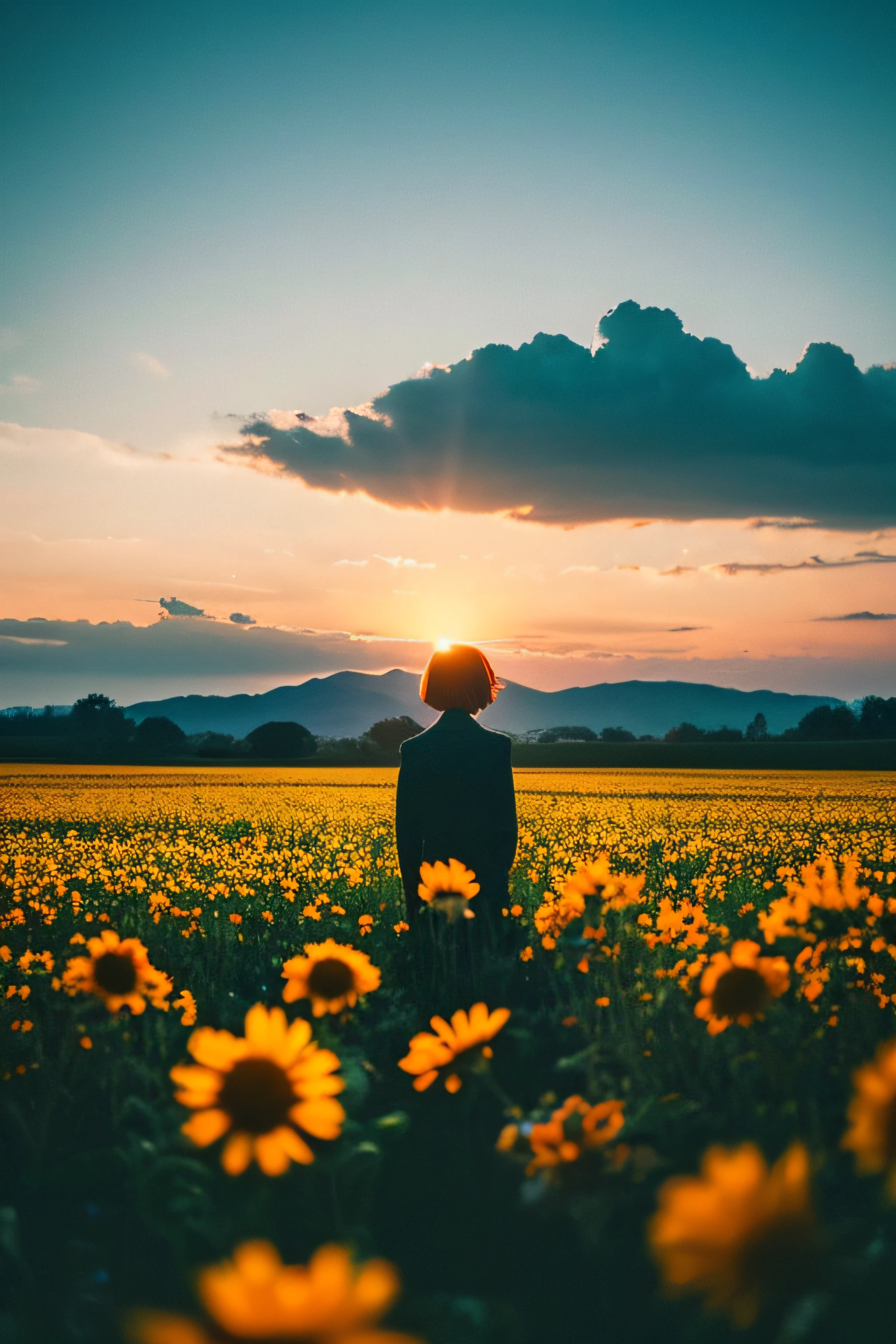 Lonely flowers and blue sky，Clouds and sunrise, Sunset Shot, Surreal,( flower  field:1.0),, Stars, Overhead, a closeup, High resolution, Hyper-Realism, Long exposure,　(Silhouette: Woman Alone:1.2)、(Short hair:1.3）、(Rear view:1.3),、Looking over your shoulder at sunset、 The best Leica cameras, Best Leica Lenses, Ultra HD, 32K, Photo, poster for, a portrait photo of, conceptual art,