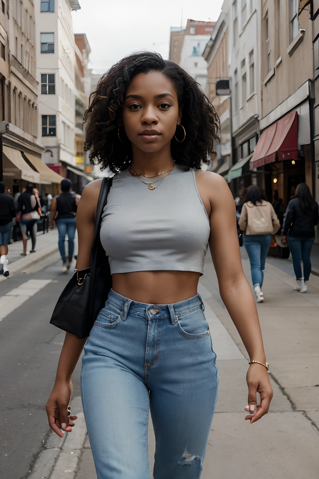 8k, highest quality, ultra details, African-American, young female, trendy American style, crop top, high-waisted jeans, ankle boots, shopping on a bustling city street.