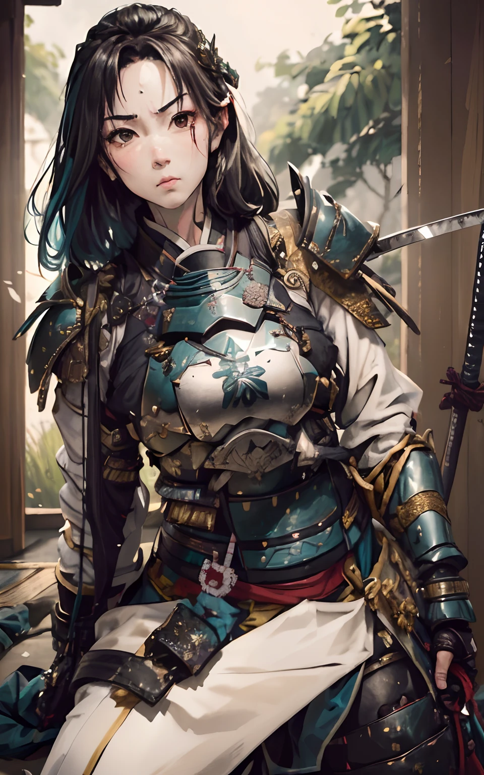 (female samurai officer, 28yo, teal armor, angry, perfect samurai armor, (scar: extremally huge, white, on face))