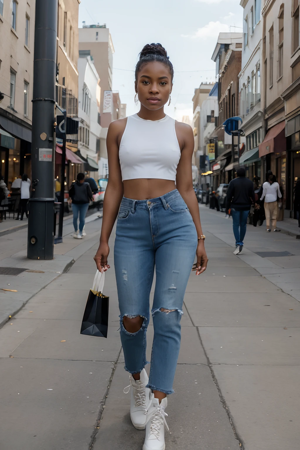 8k, highest quality, ultra details, African-American, young female, trendy American style, crop top, high-waisted jeans, ankle boots, shopping on a bustling city street.