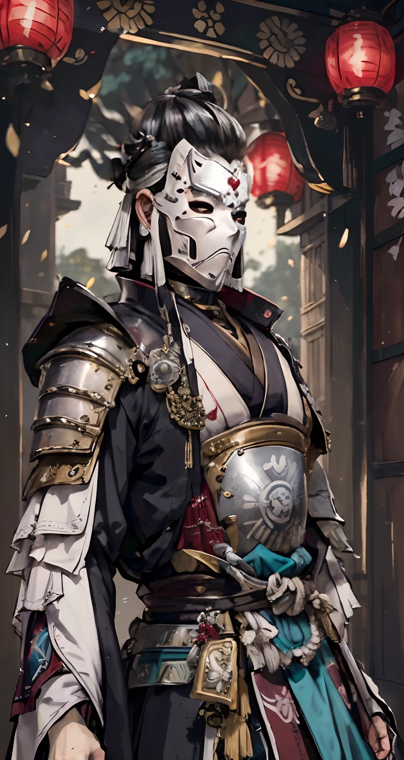 ( Old samurai official: 55yo, elegant, governor of the emperor, silver armor, elegant robes, white face mask, black hair, turquoise silk kimono),(background: ancient mozaik, inside of japan castle )