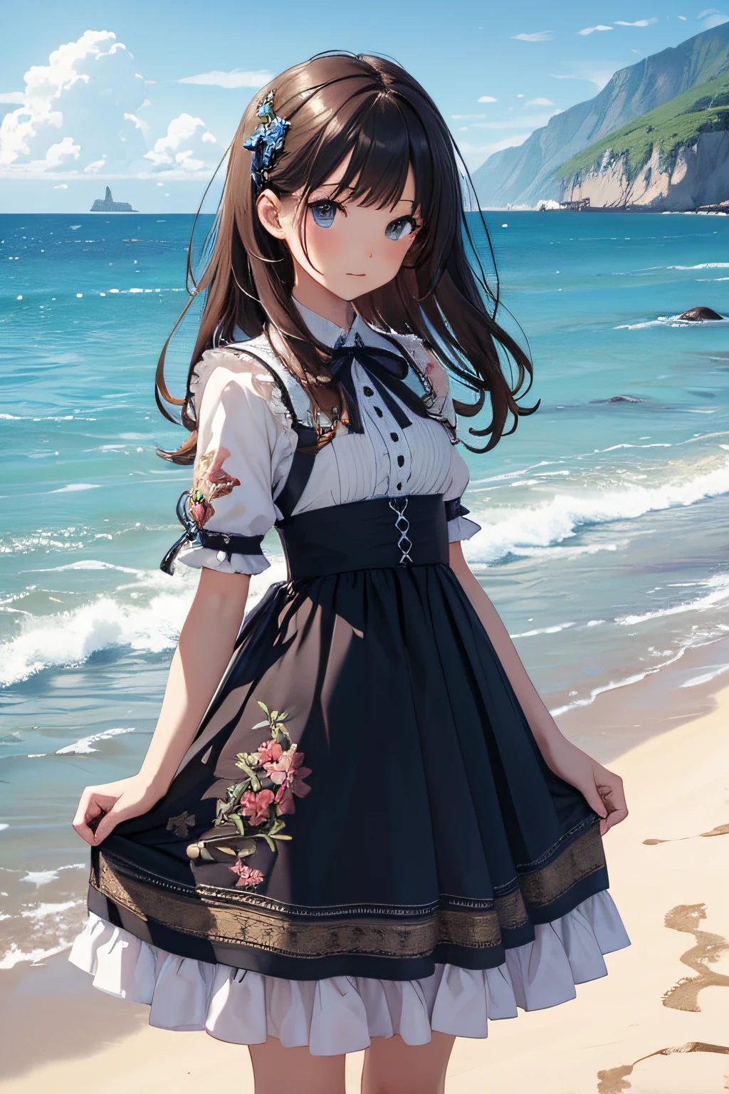 masterpiece、Background with((sea side、sand beach))、15yo student、a beauty girl、small tits、Highly detailed embroidery on the dress、Large ribbon、skirt by the、