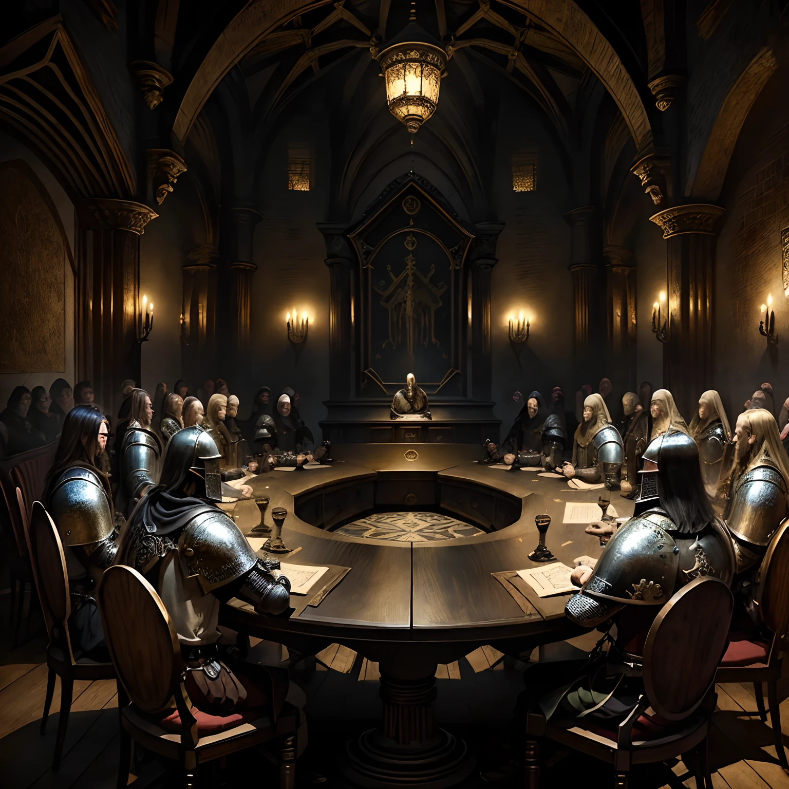 (​masterpiece)、(Depicted in every detail)、fantasy illustrations、dark themed、(Medieval England)、(Knights of the Round Table)、(discussion)、(12 people and 13 chairs)、s Armor、(Gorgeous interior)