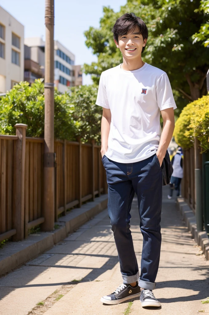 shoun、man、jpn、Men's Models、Men's Talent、Johnny's Junior、年轻、ssmile、A detailed face、skinny body、high-level image quality、Top image quality、Sunny and sunny、dust particles、natural soft light、blanche、cleanliness、a cool、cute little、pure、In the city、With a male friend、Casual clothing、Boys' High School、Boys' school、sexual excitement