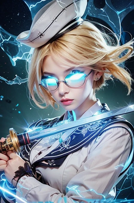 beautiful women, blonde hair, white hat, wearing uniform, hold a katana, using glasses, have lighting effect particle
