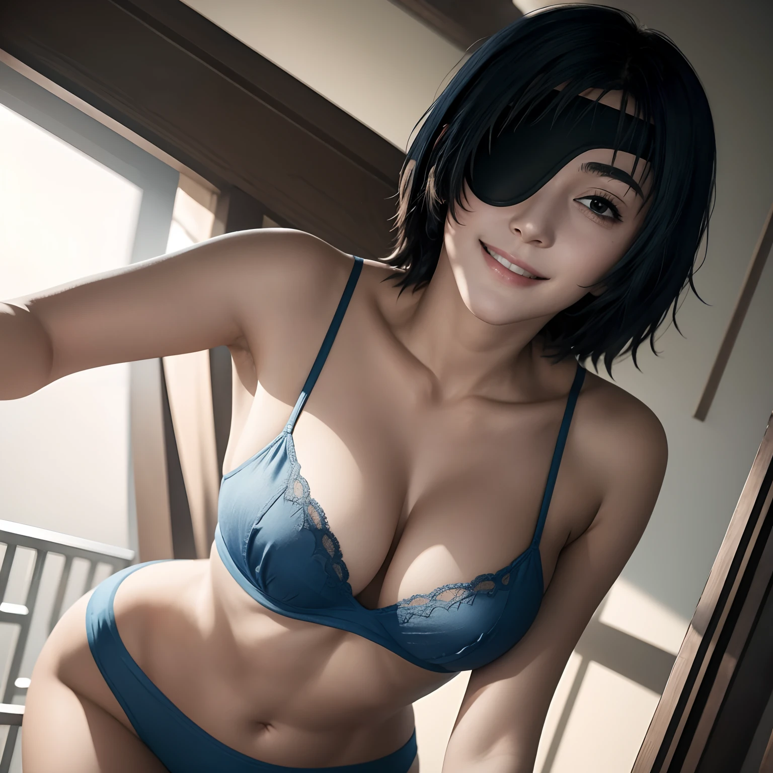 Himeno one eyepatch, in blue bra, hanging breasts, bent over, slender breasts, bent forward, smile