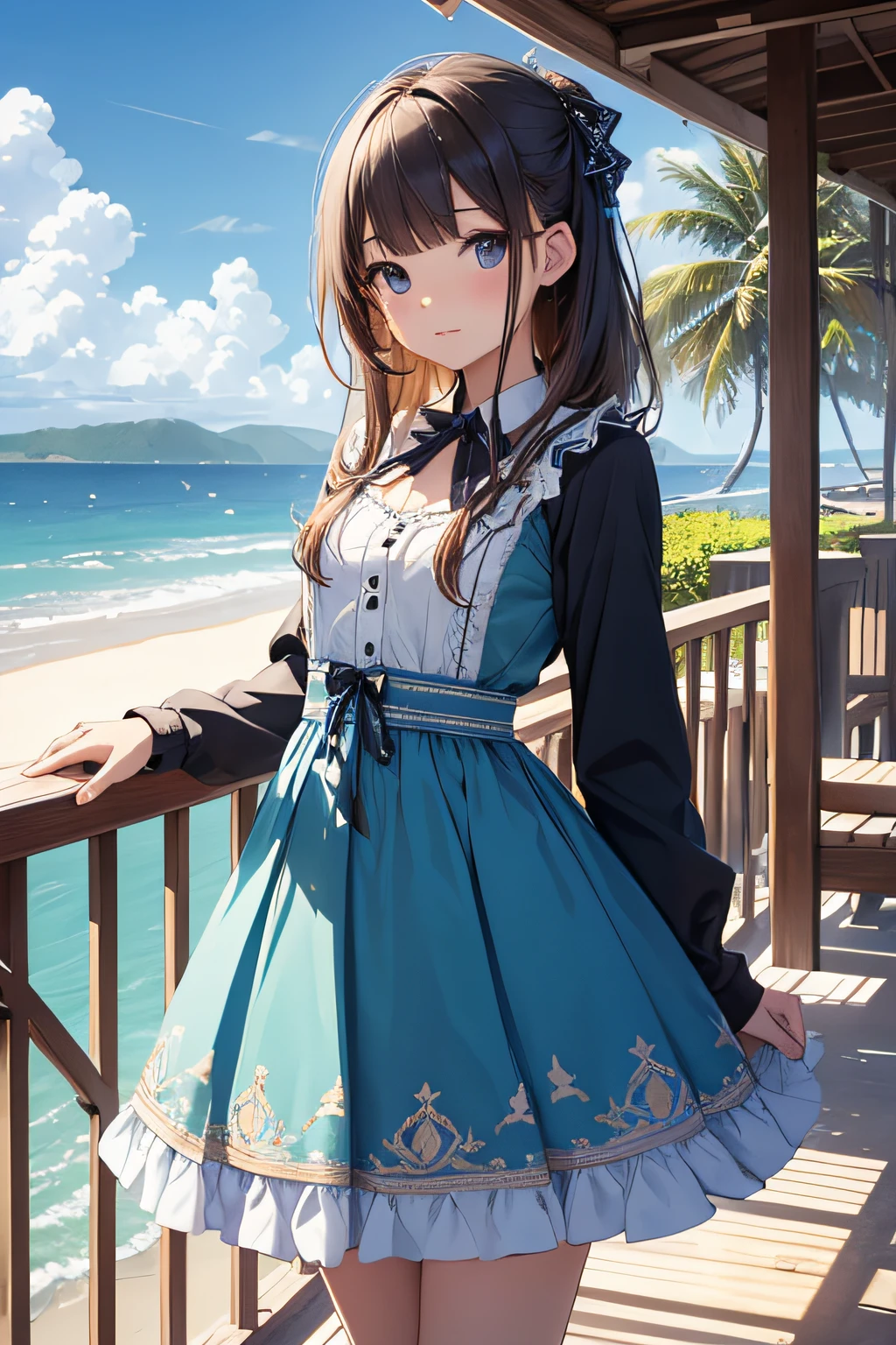 A woman in a blue dress standing on a balcony next to the ocean - SeaArt AI