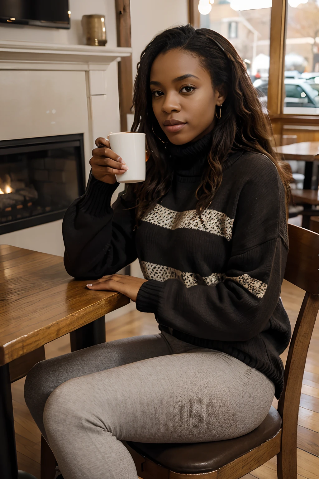 8k, highest quality, ultra details, African-American, young female, effortless American style, oversized sweater, leggings, boots, sipping coffee at a cozy cafe.