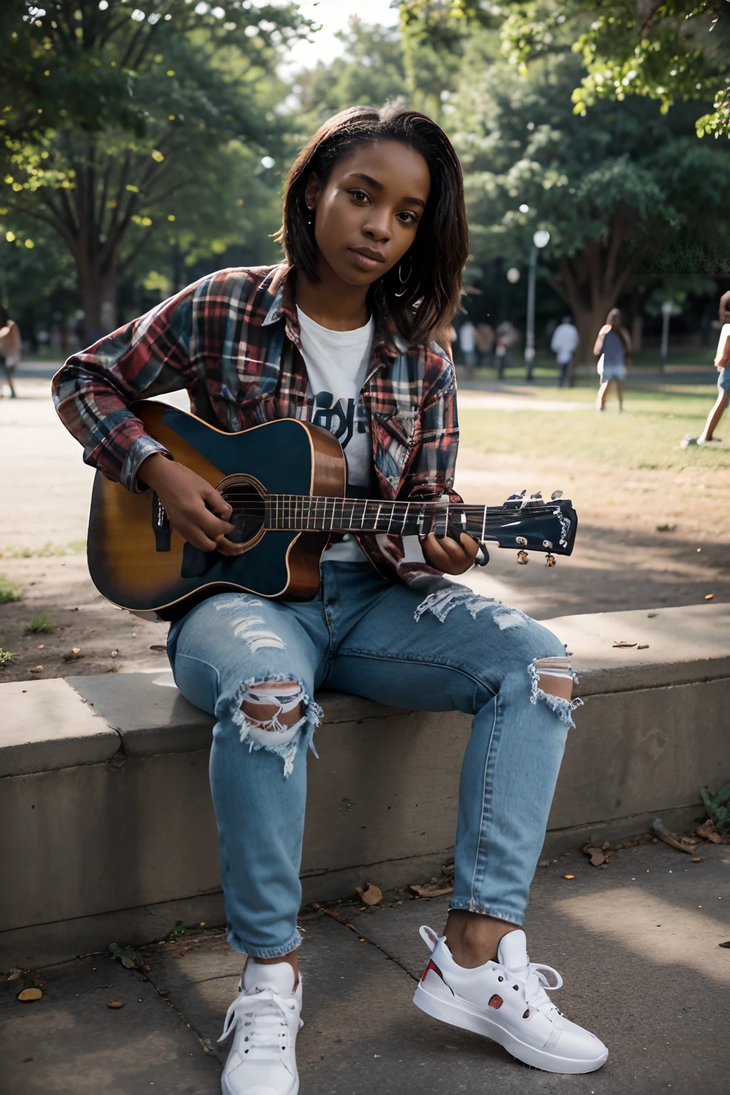 8k, highest quality, ultra details, African-American, young female, casual American outfit, flannel shirt, ripped jeans, sneakers, playing guitar in a park, surrounded by friends.