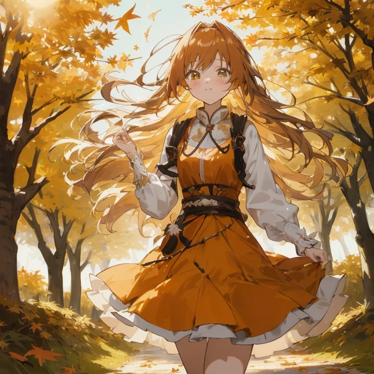 Anime girl in yellow dress walking in the forest, Autumn winds, Anime Girl with Long Hair, 🍂 Cute, in autumn, anime style 4 k, Beautiful anime girl, 🍁 Cute, Beautiful Autumn Spirits, Anime visuals of cute girls, in autumn, (Anime Girl), Cute anime waifu in a nice dress, Empress of autumn