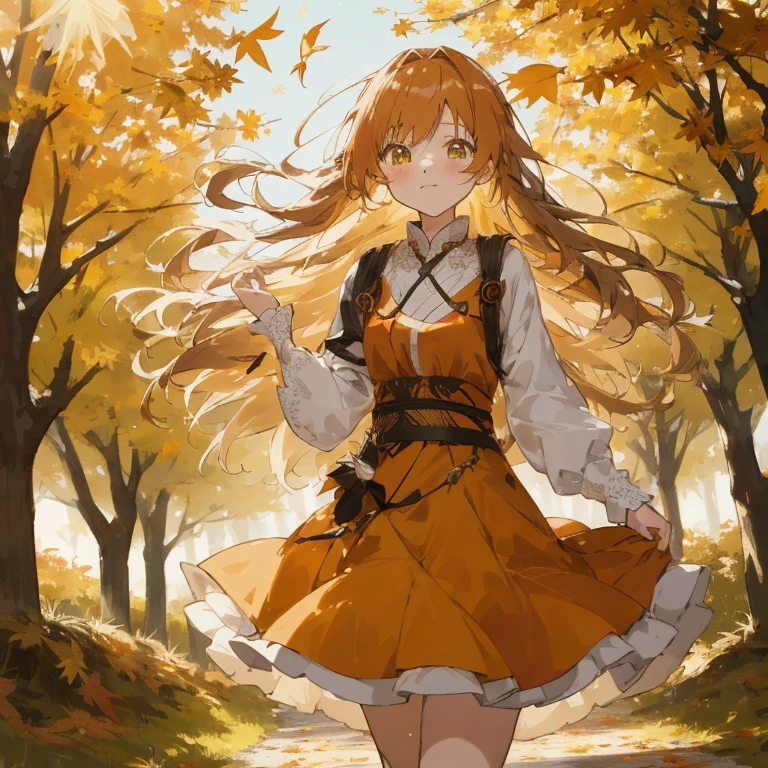 Anime girl in yellow dress walking in the forest, Autumn winds, Anime Girl with Long Hair, 🍂 Cute, in autumn, anime style 4 k, Beautiful anime girl, 🍁 Cute, Beautiful Autumn Spirits, Anime visuals of cute girls, in autumn, (Anime Girl), Cute anime waifu in a nice dress, Empress of autumn