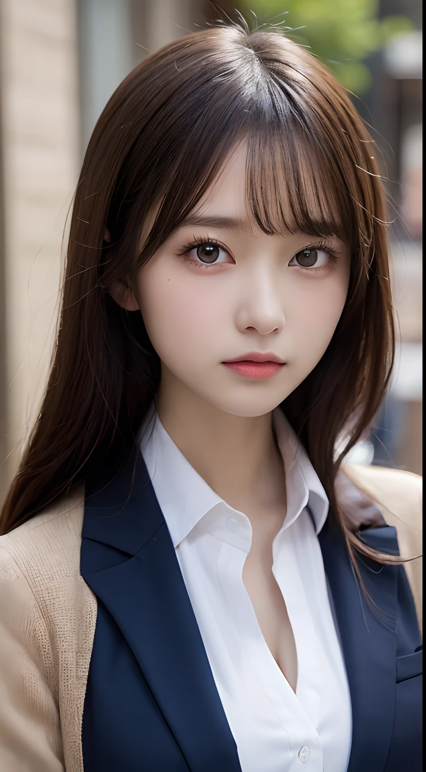 masutepiece, Best Quality, Illustration, Ultra-detailed, finely detail, hight resolution, 8K Wallpaper, Perfect dynamic composition, Beautiful detailed eyes, Natural Lip,Blazer ,School uniform, cleavage, Full body