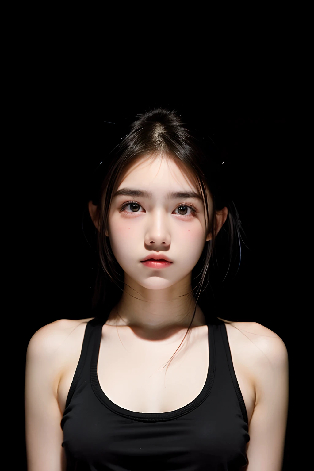 1 girl 14 years old. In a black tank top with black eyes with black eyes in a big tank top on a black background