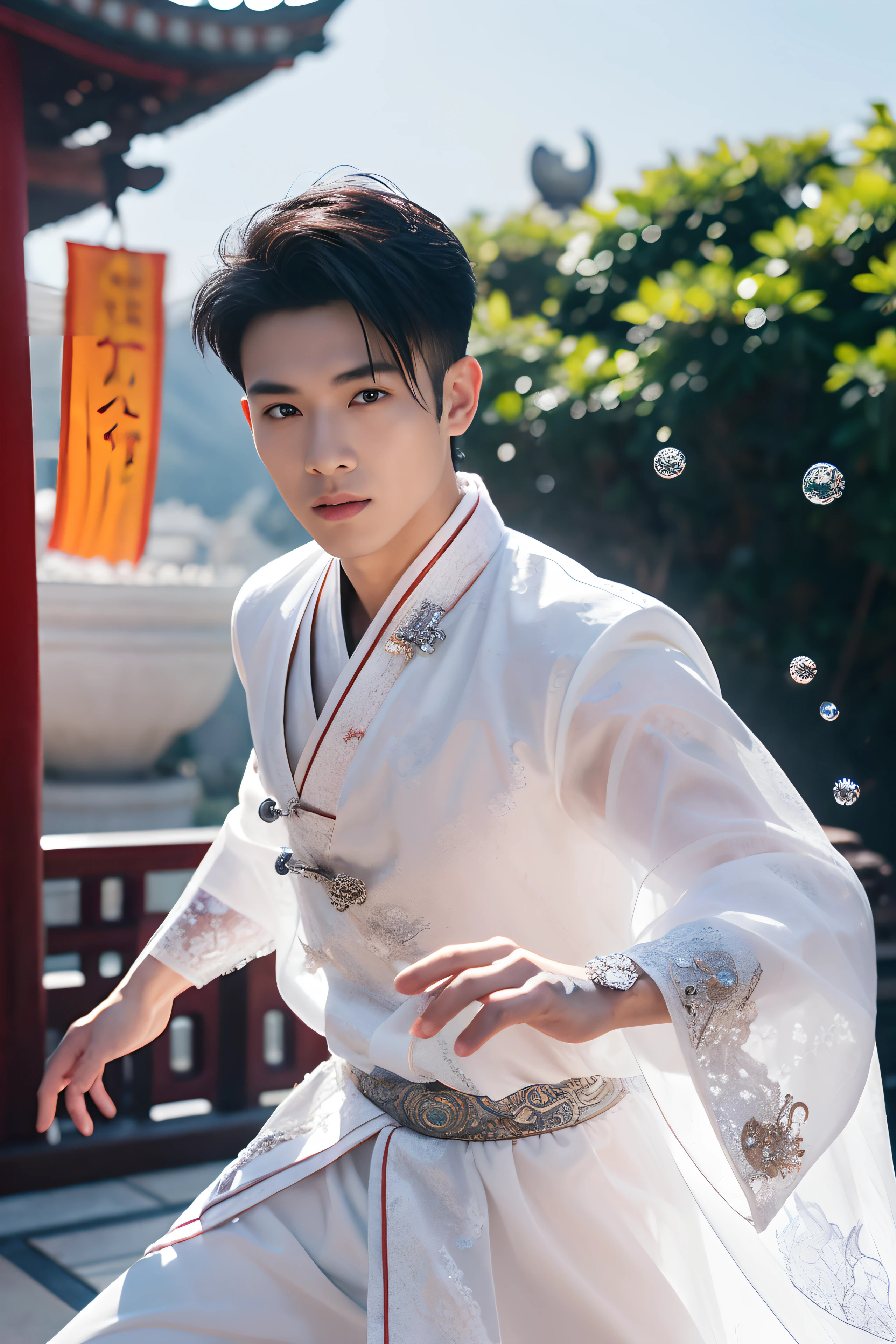 (A asian pretty Boy, cute boy, Nude posing:1.1), (absurdres, realistic, masterpiece:1.2), A hyper-realistic, RAW photo, best quality, 8K, man, chinese idol, very handsome, perfect face, intricate detail, Extremely detailed, (photorealistic:1.5), professional photography, Bright colors, Clear focus, young, slender, muscular, slim muscular, (perfect hands, 5 fingers) , Black short hair, clear and beautiful detailed eyes, perfect eyes, Playful expression, soft skin, detailed skin, sword, holding, blade to side, strike pose, blade down, blade right hand, detailed highlights and shadows, Excellent body proportions, Correct anatomy, male focus, (Topless, open transparent tulle jacket:1.2), (white short pants:1.5), Potted plants, flowers, Studio Lighting, gentlesunlight, Cinematic Lighting, Warm colors, full-body shot, Chinese courtyard background,
