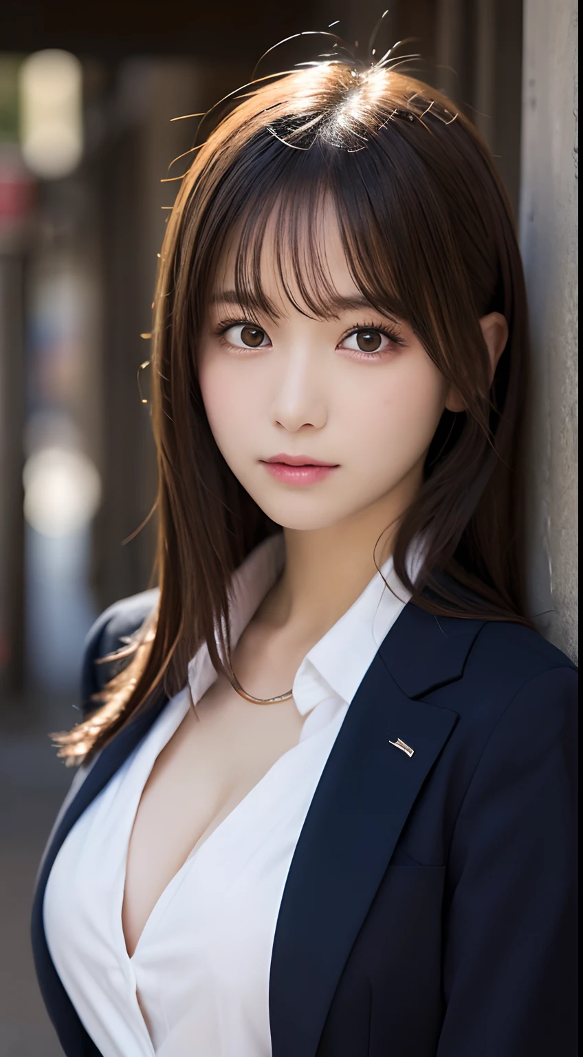 masutepiece, Best Quality, Illustration, Ultra-detailed, finely detail, hight resolution, 8K Wallpaper, Perfect dynamic composition, Beautiful detailed eyes,  Natural Lip,Blazer ,School uniform, cleavage, Full body