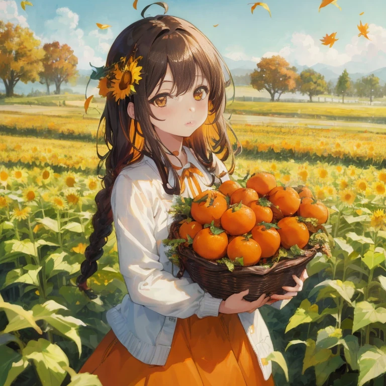 Anime girl holding an orange basket in a field, the goddess of autumn harvest, 🍁 Cute, Beautiful sunflower anime girl, 4 k manga wallpaper, Anime visuals of cute girls, anime style 4 k, Official art, Lori, Anime art wallpaper 8k, official artwork, high definition anime art, anime art wallpaper 4k, Orange theme