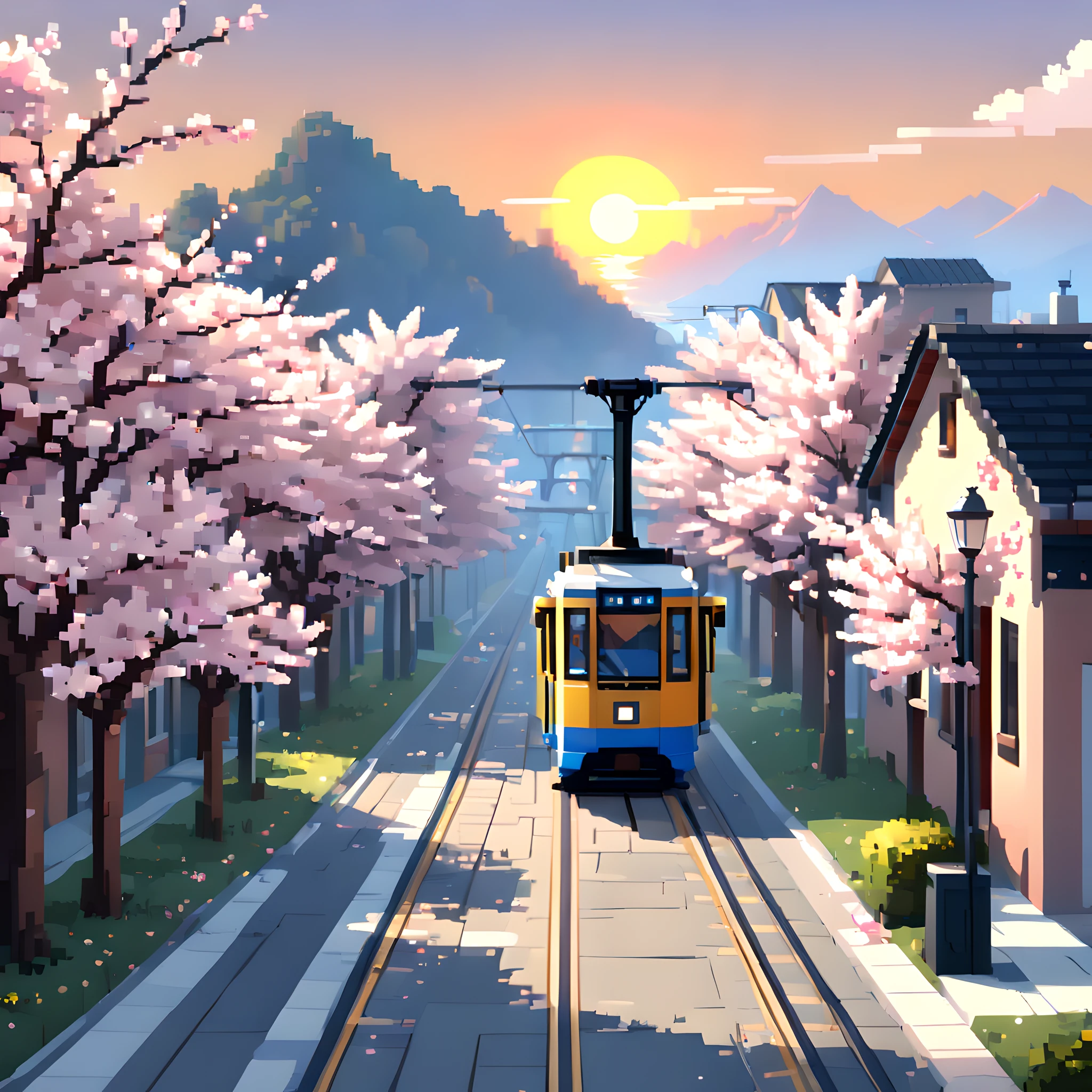 (Cherry blossom And Street:1.5),(landscape:1.5), (Pixel art:1.5), (pixel theme:1.5), (fantasy:1.5), (beautiful scenery:1.5),(landscapes:1.5),(cherry blossom trees:1.5),(tram:1.5),(tram railway centered on street:1.5)(A path lined with flourishing cherry blossom trees:1.5),(spring:1.5),(street:1.5),(LA:1.5),(beautiful scenery pixel art illustration:1.5),(sunset:1.5),(sunset light:1.5),(best quality:1.5),(masterpiece:1.5),