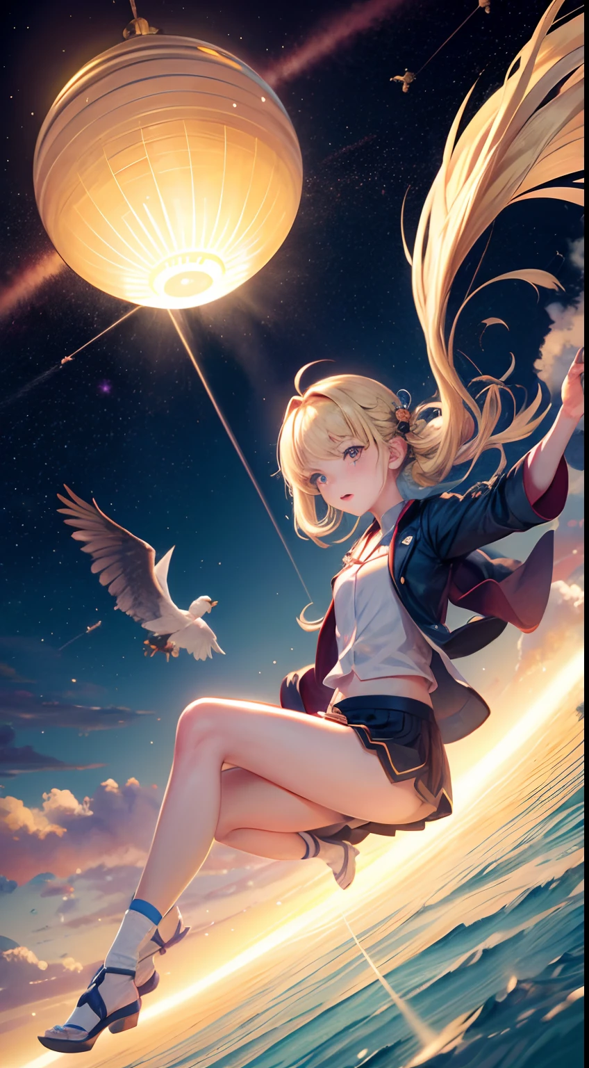 Kawasaki Shiro, Thomas Crane, Surreal, mysterious, bizarre, fantastical, fantasy, Sci-fi, Japanese anime, miniskirt blonde beauty girl Alice riding a merry-go-round in the air, perfect voluminous body, fun action poses, contrail, bird's-eye view, floating large and small spheres, a faint glimpse of the galaxy, hyper detailed masterpiece