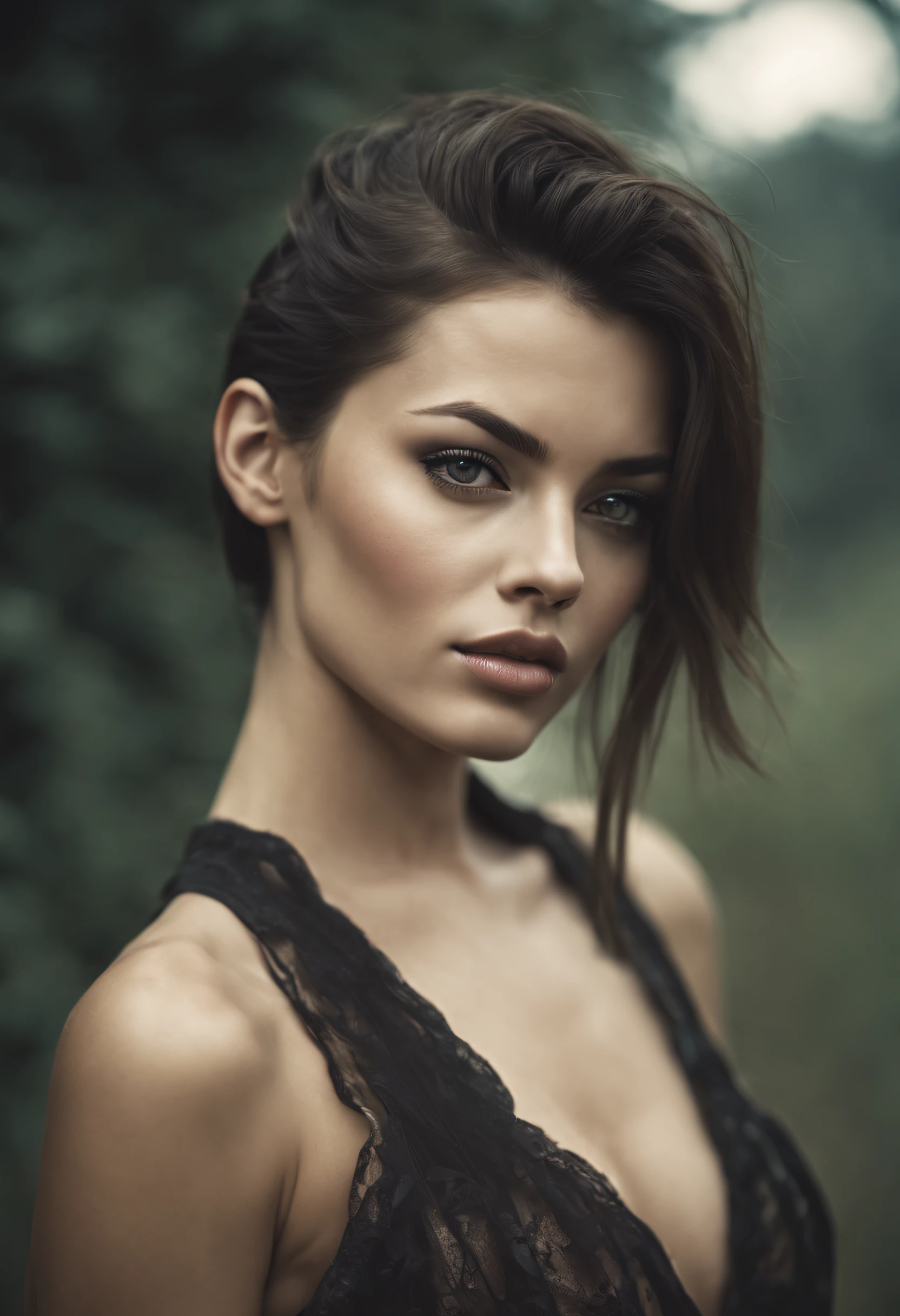 An amazing portrait of a beautiful brunette woman in dark dress, dark brown eyes, dark hair, straight hair, ponytail, great facial feature, perfect eyes, ultra realistic eyes, perfect face, perfect body, cinematic, color analog film photo, intimate posing, realistic hair, ((Perfect Face)), ((Sexy Face)), full shot of a sexy beautiful girl, Photograph, photorealistic, Evocative Pose, ((cute)), sexy pose, (Looking at Viewer), artgerm, cinematic lighting, very high detailed, foggy background, shot on Fujifilm Superia 400, Short Light, 32k, cinematic composition, professional color grading, film grain, atmosphere, wondrous, very stormy . faded film, desaturated, 35mm photo, grainy, vignette, vintage, Kodachrome, Lomography, stained, highly detailed, found footage , film grain, photography, photoshoot, cinematic lighting, volumetric lighting, insanely detailed, hot, sexy, very seductive, super model, (photorealistic:1.3), (highest quality:1.3), (film grain:1.3), ( world's best photography:1.3), (professional Photo:1.3), (detailed details:1.3), (cinematic light:1.3), ( cinematic color:1.3), maximum depth of field, film photography, ( intricate details:1), (hyperdetailed:1), (((SFW))), ((forward facing)), natural breasts, sexy clothes, beautiful lips, light skin