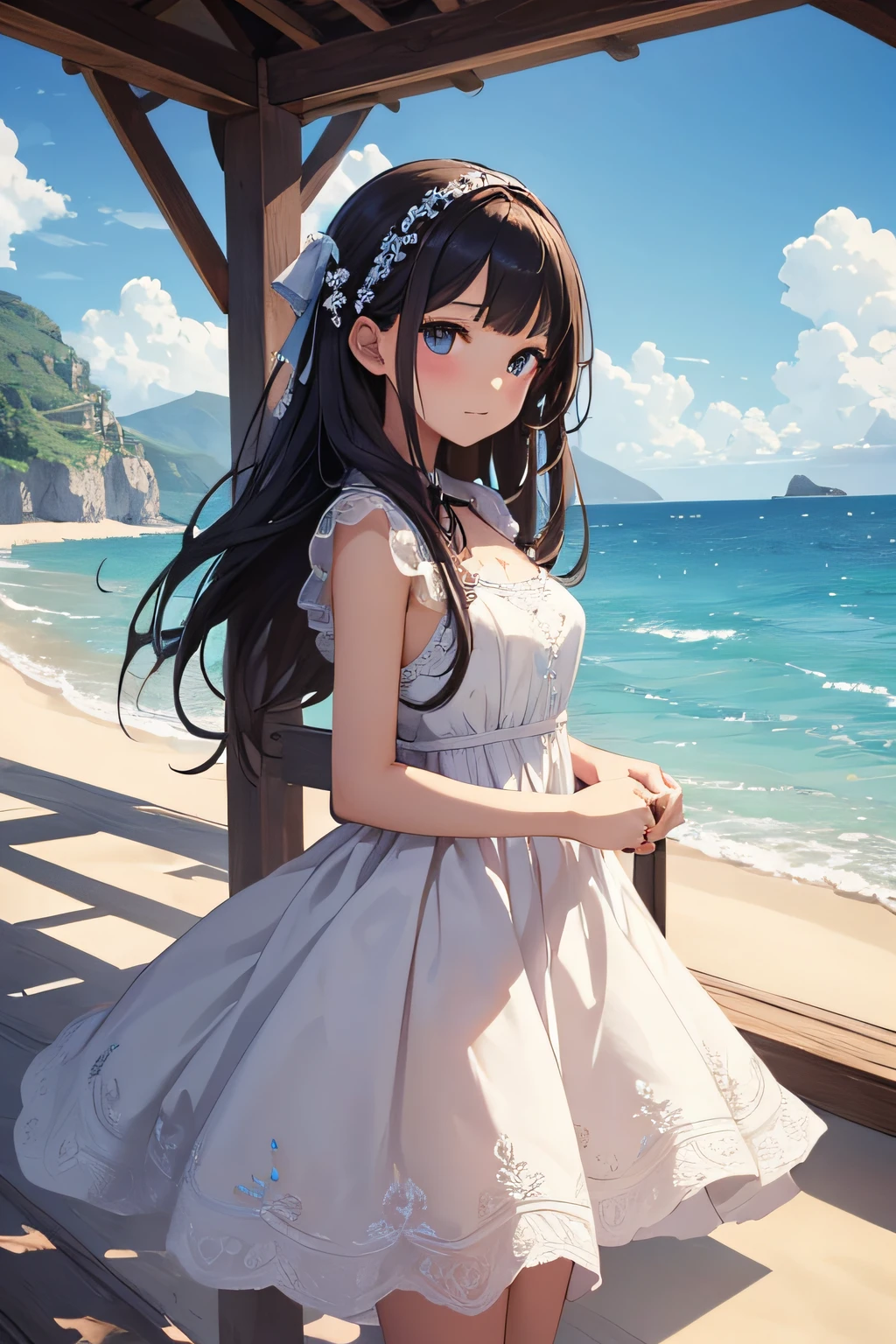 ​masterpiece、Background with（（sea side、sand beach））、15yo student、a beauty girl、Highly detailed embroidery on the dress、Large ribbon、skirt by the、