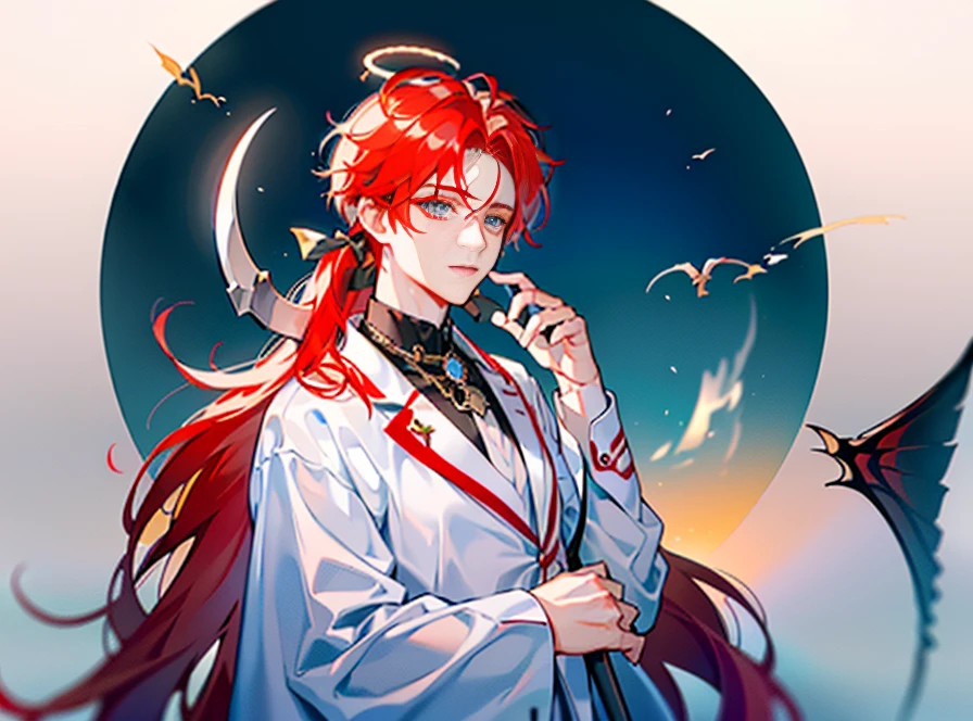 God of Light from Heaven。The hair color is fiery red gradient to platinum。The color of the eyes is glazed,The weapon in his hand was a white-white-white-white scythe,He wears a metal halo on his head that symbolizes glory。There is a faint peach pattern in the center of the eyebrows。Dressed in a Tang costume,He wears a pure black necklace of demon wings around his neck。16k.