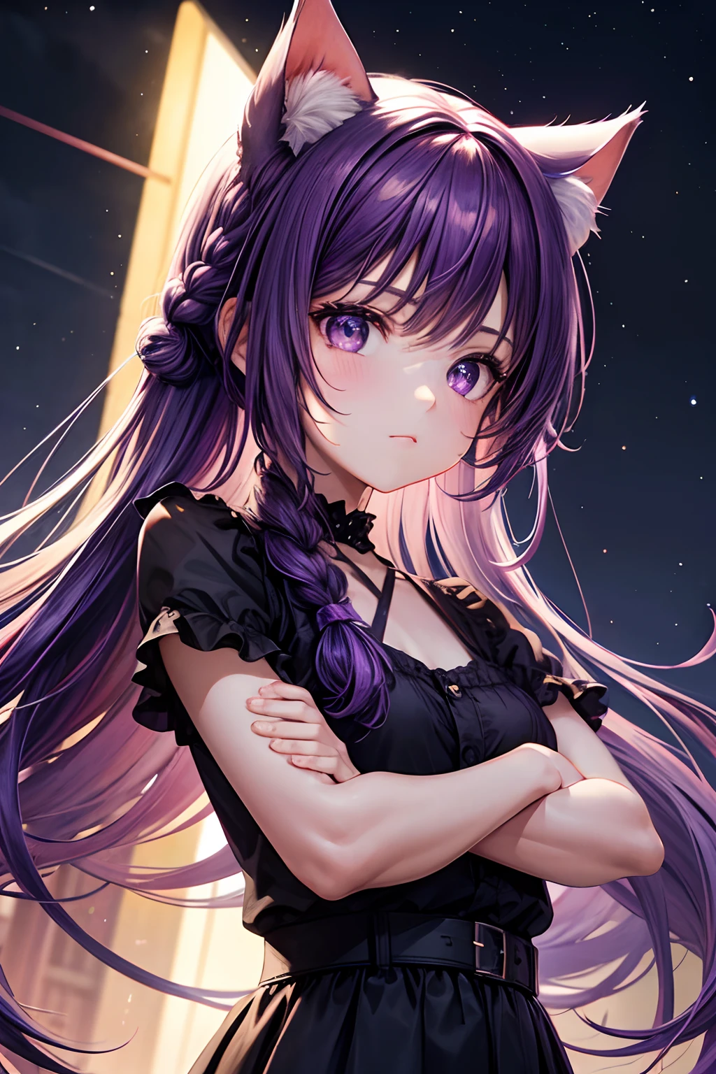 Top quality, high resolution, perfect human structure, background focus, front view, purple hair, glowing hair, cat ears, 0 year old, baby, crossed arms, french braid, crazy eyes, night sky