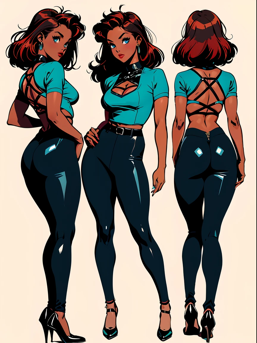 A girl, 1girl,(( dark skin:1.0)), red hair, blue eyes, full body, front full body view, character sheet,sexy legging, back full body view, vintage horror, 1940s, shapes, gothic, vintage, sexy, anime style, (clear background:1.0),(( consistent character:1.0)),(( consistent clothing:1.0)), ((coloured))