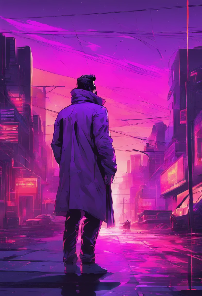 Man with purple jacket standing in the street, , masterpiece epic retrowave art, synthwave art, synthwave art style, synthwave inspired, alena aenami and artgerm, stunning digital illustration, synthwave art style ]!!, style of alena aenami, facing back