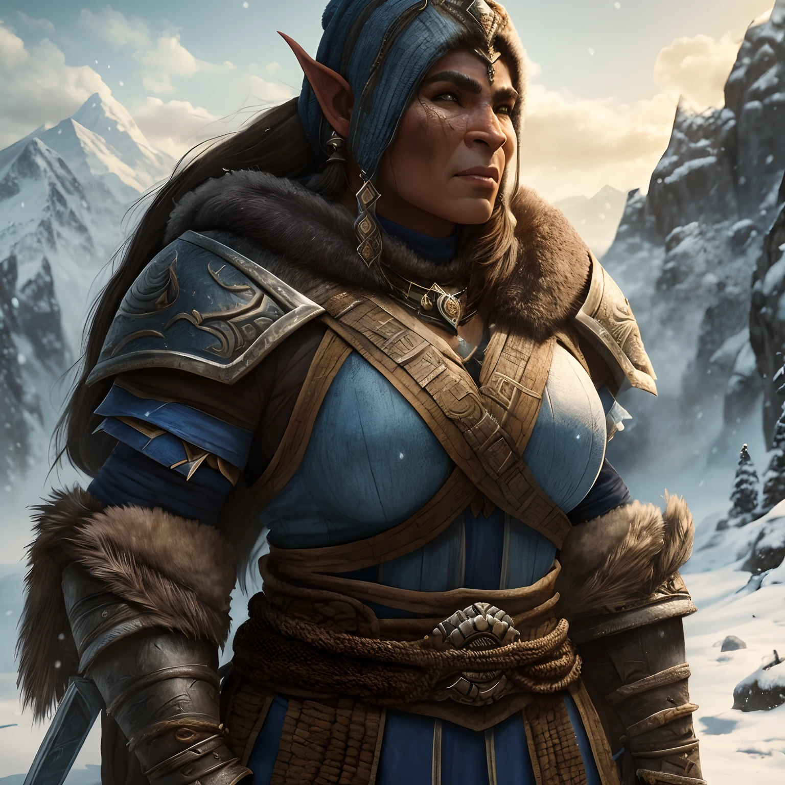 Obra prima melhor qualidade, A Female Orc Warrior, loiro, pele branca, olhos azuis, usando armadura, usando capa de couro, On a beautiful winter's morning, intrincado extremamente detalhado, 8k, ultra realista