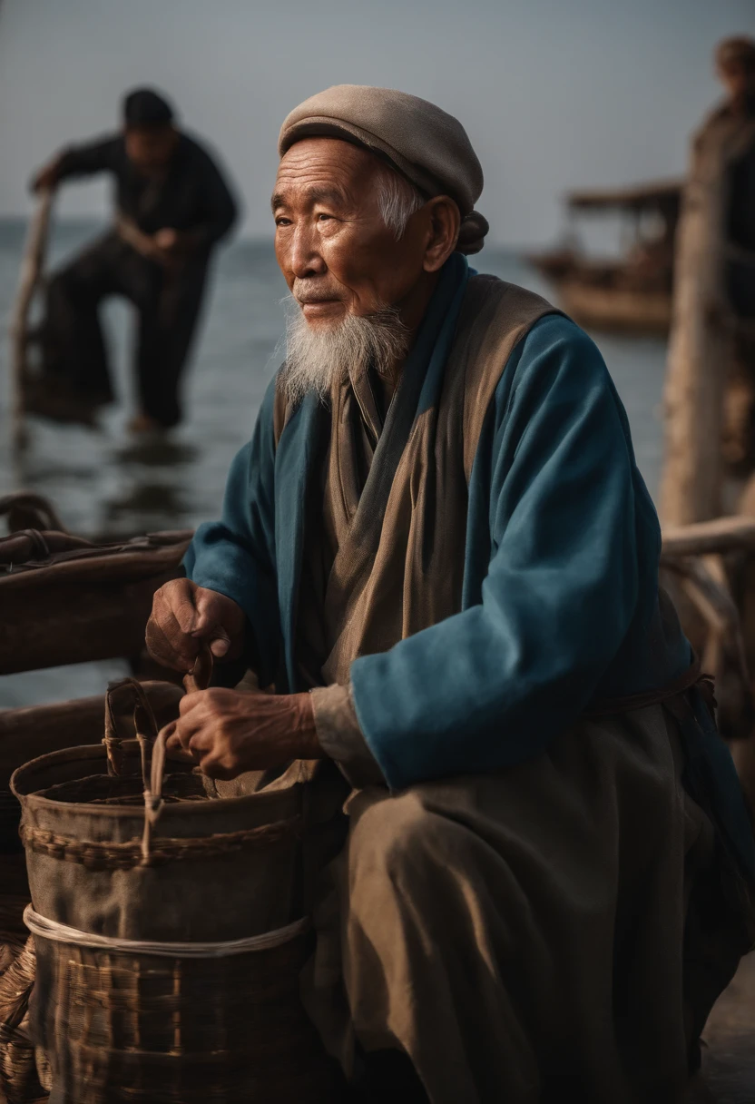 China-style，Old fishermen，With a cloak，Portrait works，Photographic works，Ultimate detail，Reasonable composition，tmasterpiece，high-class，clean backdrop，figure portrait，8K，Movie light source，high qulity，