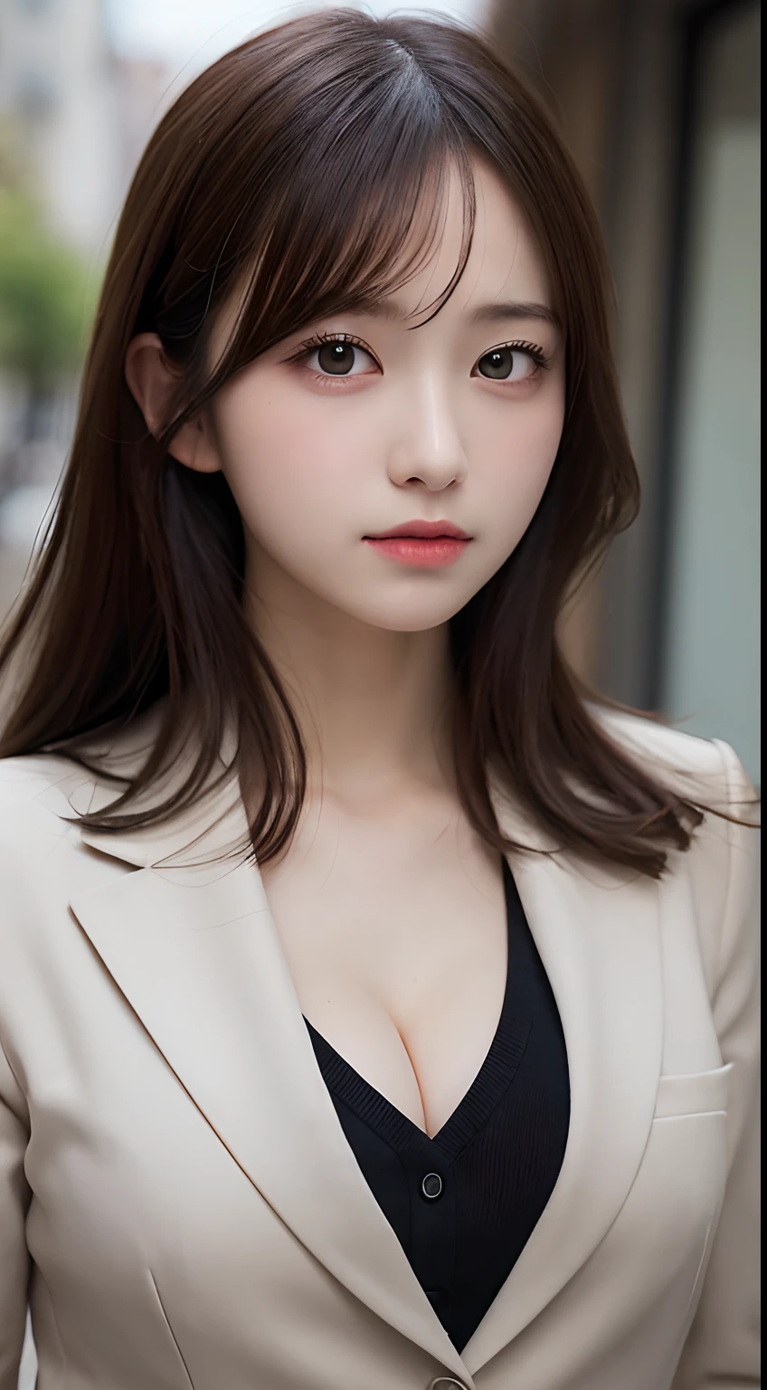 masutepiece, Best Quality, Illustration, Ultra-detailed, finely detail, hight resolution, 8K Wallpaper, Perfect dynamic composition, Beautiful detailed eyes,  Natural Lip,Blazer ,School uniform, cleavage, Full body